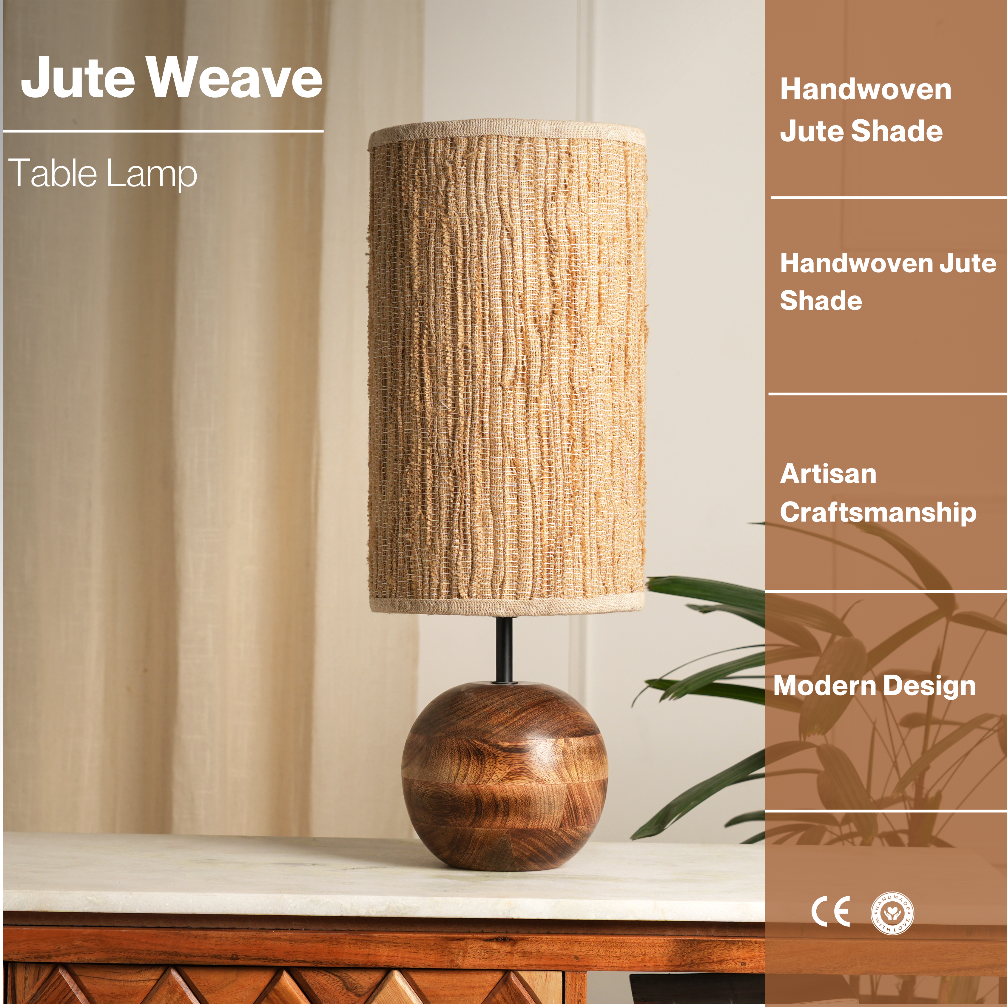 Jute Weave Lamp - Jute Weave Natural Lamp, Mango Wood Base, Handcrafted Lmpshade