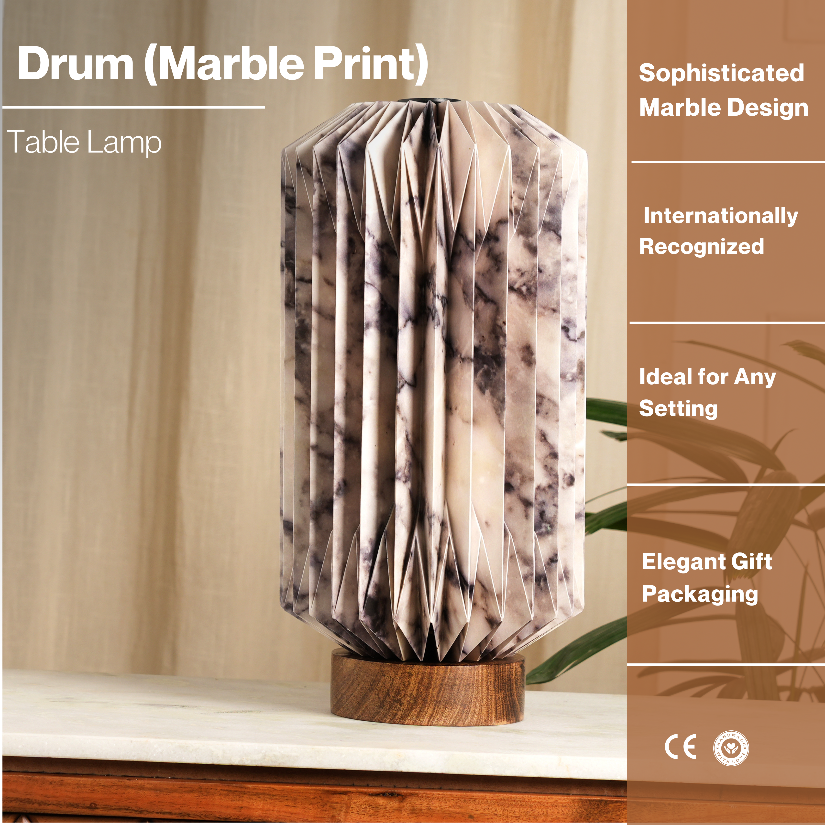 Drum Marble Print Table Lamp - Marble Print, Origami Pendant Lamp with Mango Wood Base
