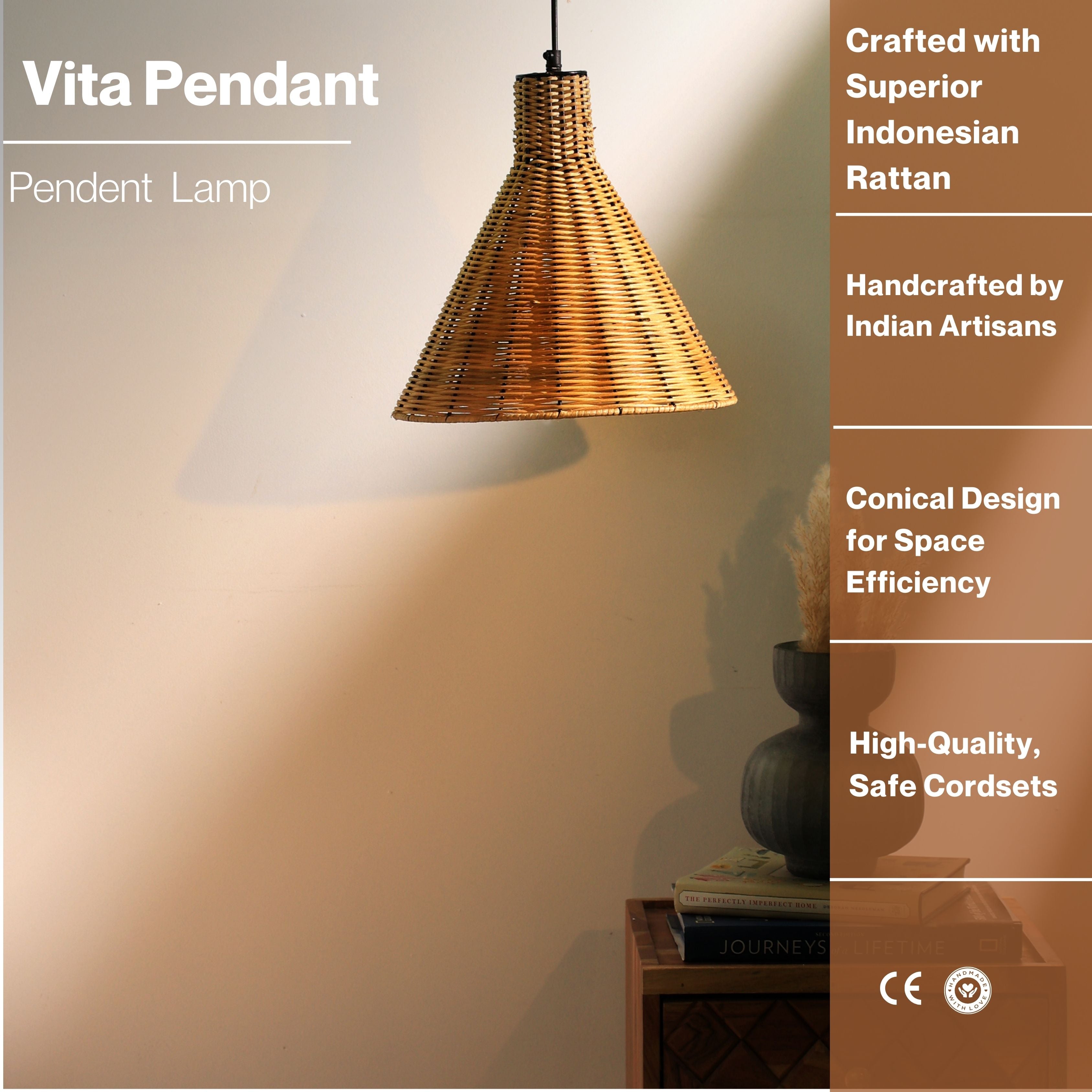 Vita Pendant - Natural Rattan and Cane, Hanging Lamp, Handmade in India