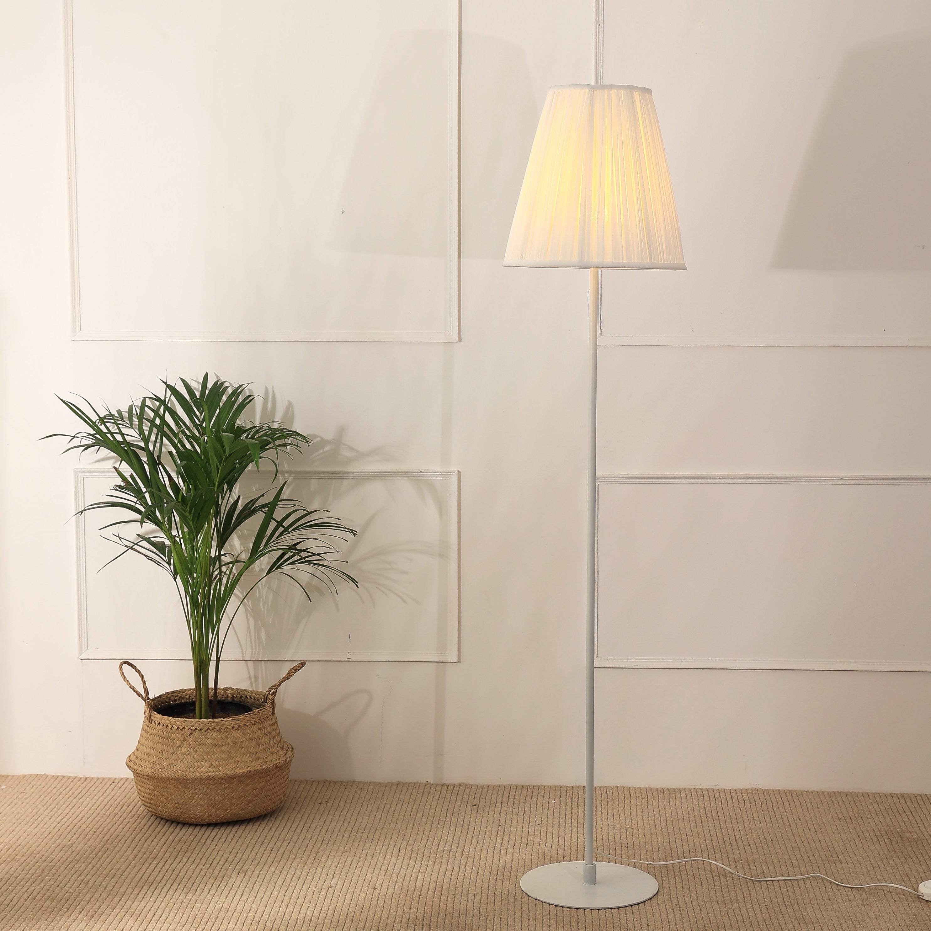 Polester Floor Lamp - White Pleated Shade, White Stick Lamp, Easy to Assemble