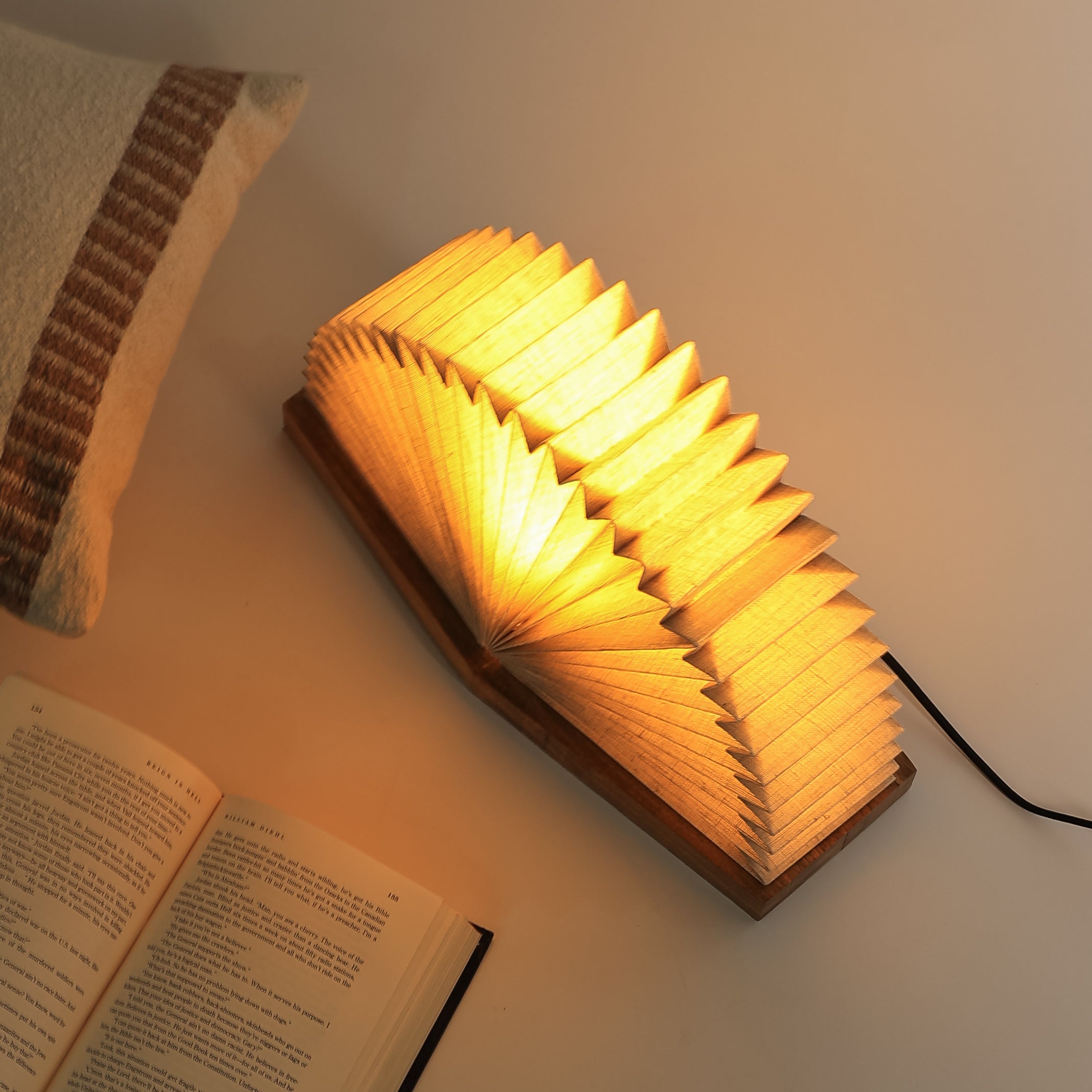 Linen Book Lamp - Foldable Linen Lamp, Mango Wood Base, Designed for Modern Spaces