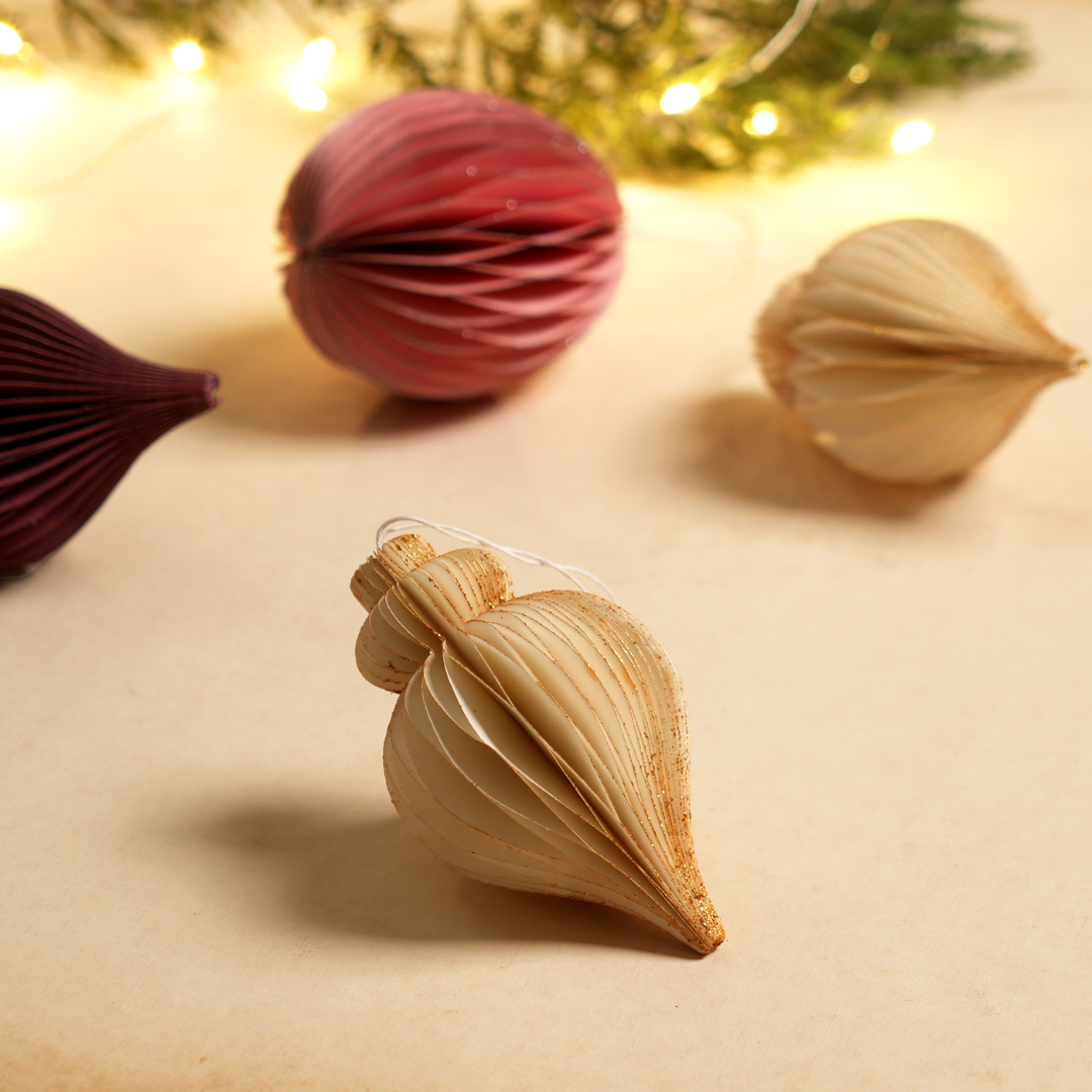 Christmas Ornaments - Off-White & Gold Glitter - Pack of 3