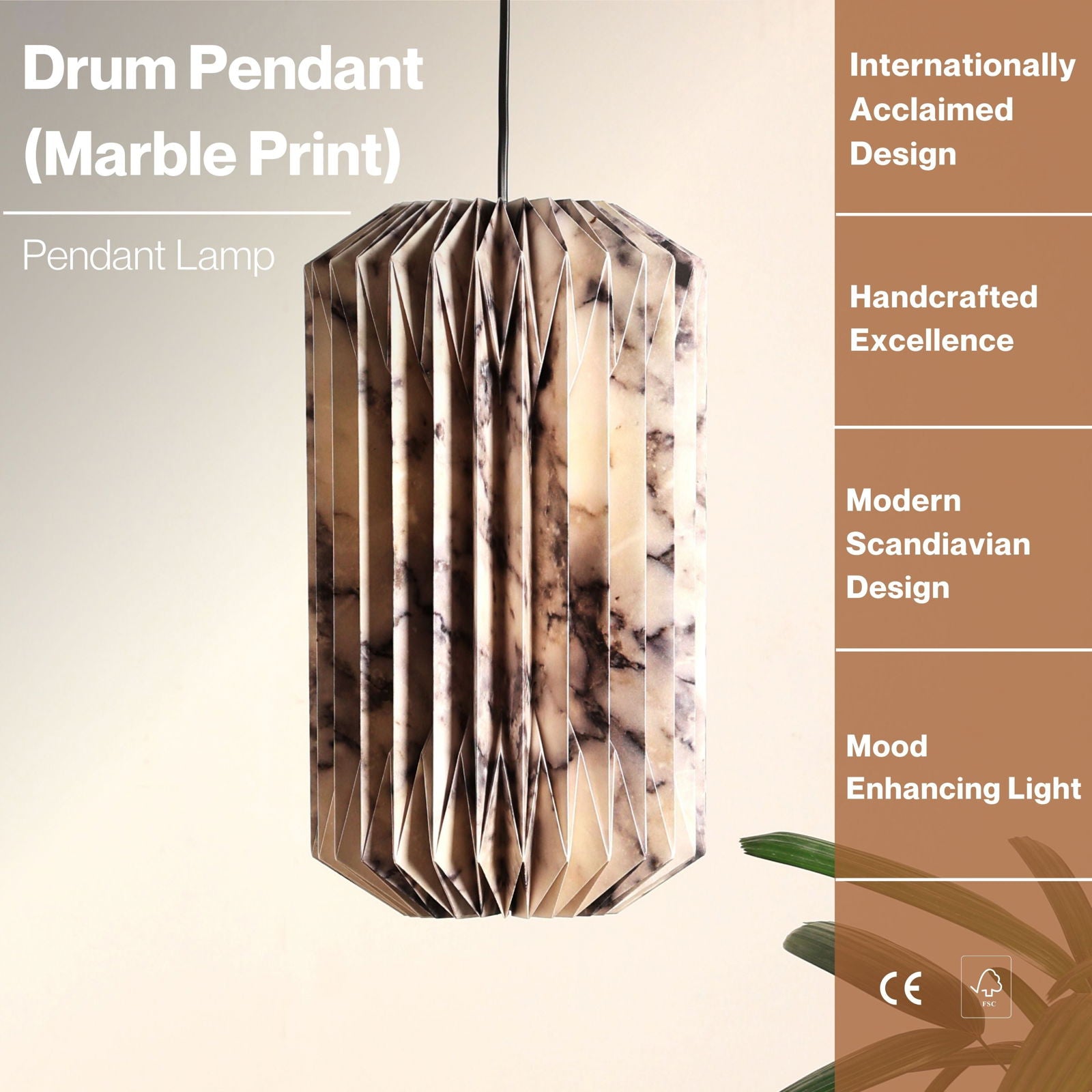 Drum Pendant Lamp (Marble Print) - Marble Printed Origami Pendant Light, Origami Hanging Light - FIG Living - Drum Pendant Lamp (Marble Print) - Marble Printed Origami Pendant Light, Origami Hanging Light - FIG Living