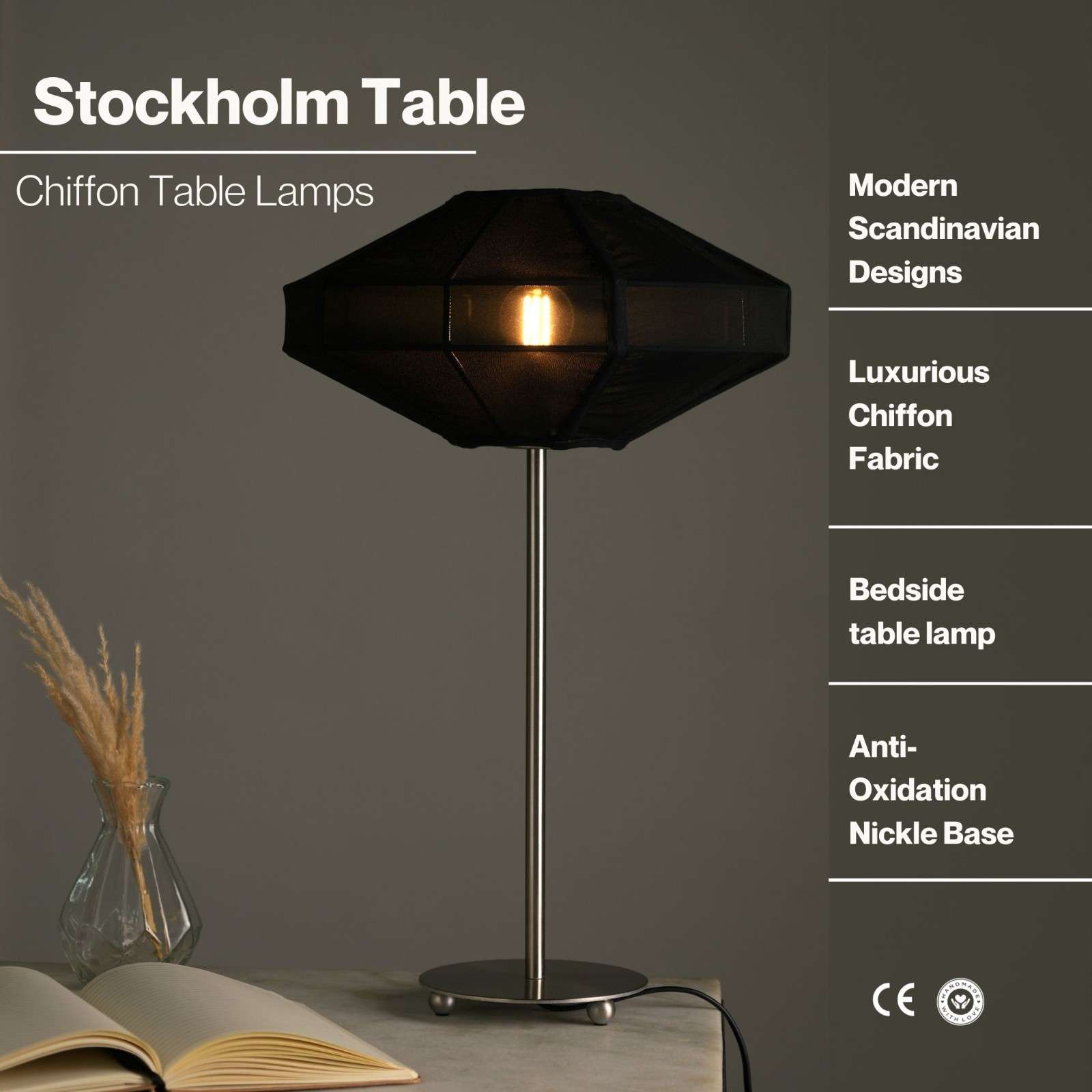 Luxe Collection - Stockholm Lamp  - Premium Chiffon Fabric, Metallic Spacer, Soft Warm Glow, Mood Enhancement Lighting