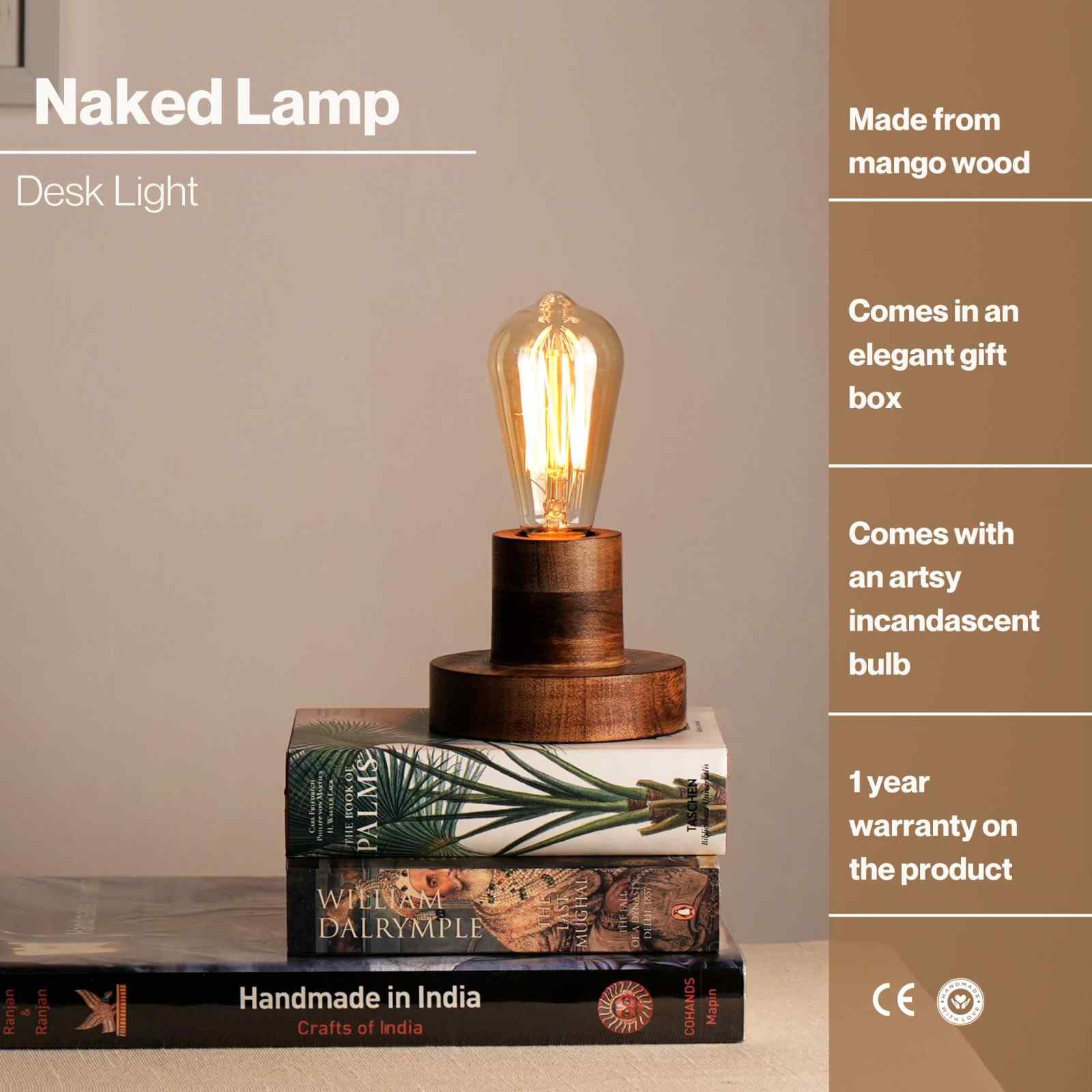 Naked Bulb Lamp - Artistic incandescent Bulb, Mango Wood Made from Base, Desk Lamp