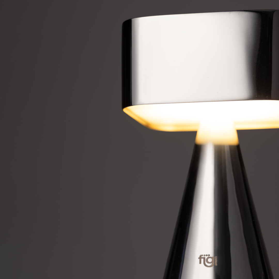 Illustration displaying stainless steel portable LED lamp with touch control and contemporary home interior styling