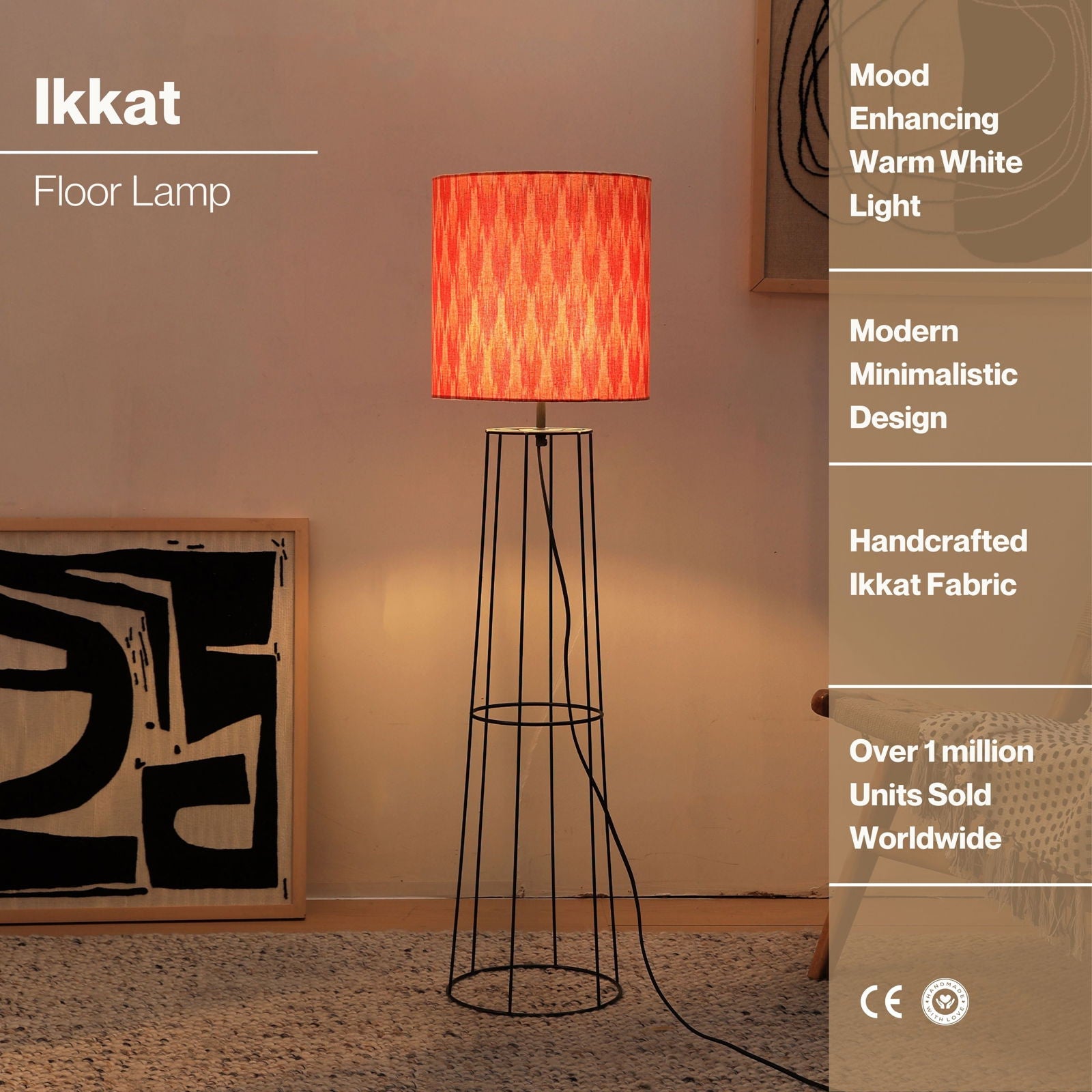 IKKAT Floor Lamp - Ikkat Fabric Floor Light, Indian and Scandinavia fusion, modern Tripod lighting, trending Standing Lamp - FIG Living -