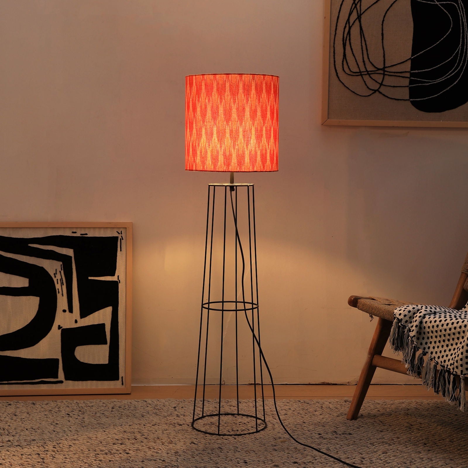 IKKAT Floor Lamp - Ikkat Fabric Floor Light, Indian and Scandinavia fusion, modern Tripod lighting, trending Standing Lamp - FIG Living - IKKAT Floor Lamp - Ikkat Fabric Floor Light, Indian and Scandinavia fusion, modern Tripod lighting, trending Standing Lamp Image