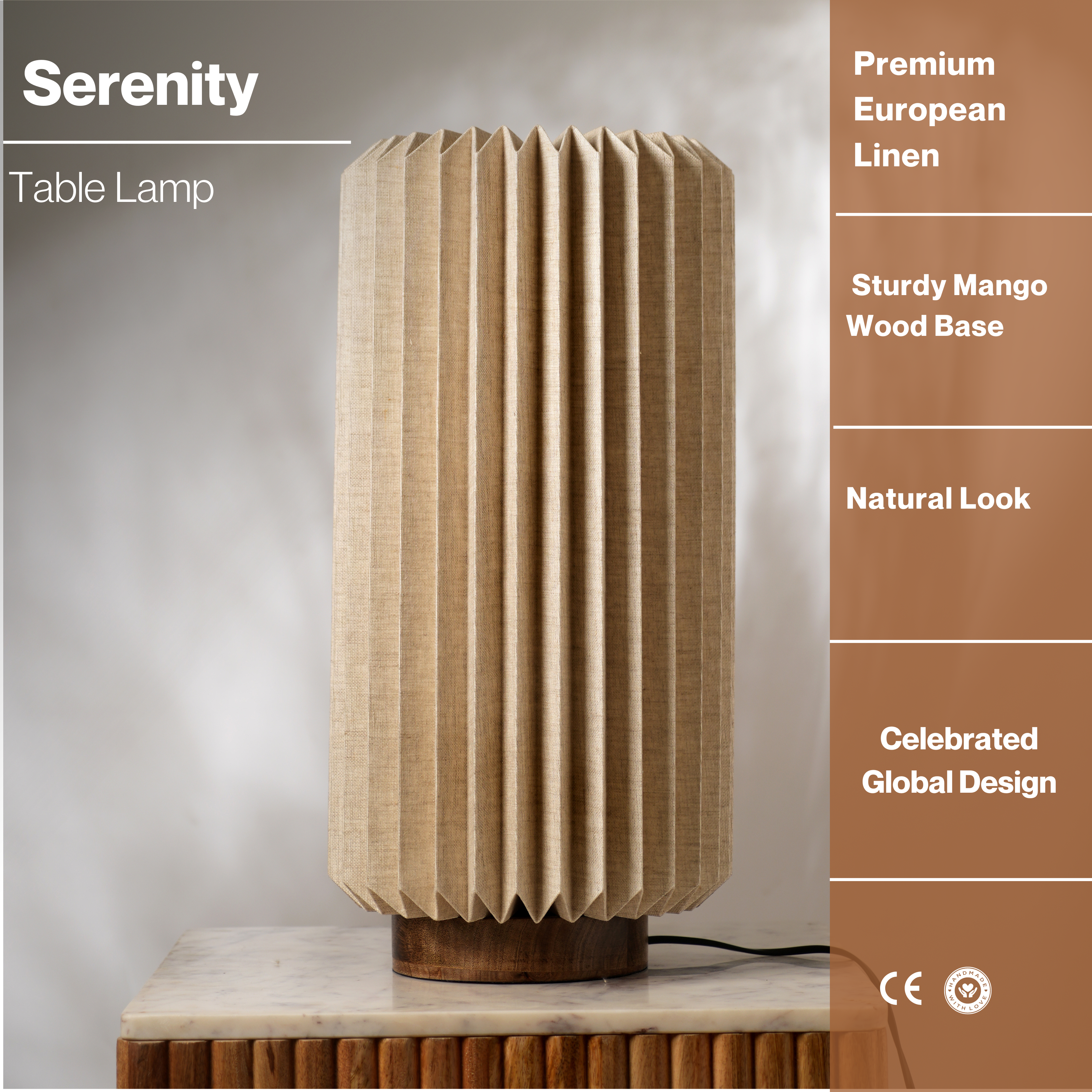 Serenity Table Lamp - Linen Table Lamp with Mango Wood Base