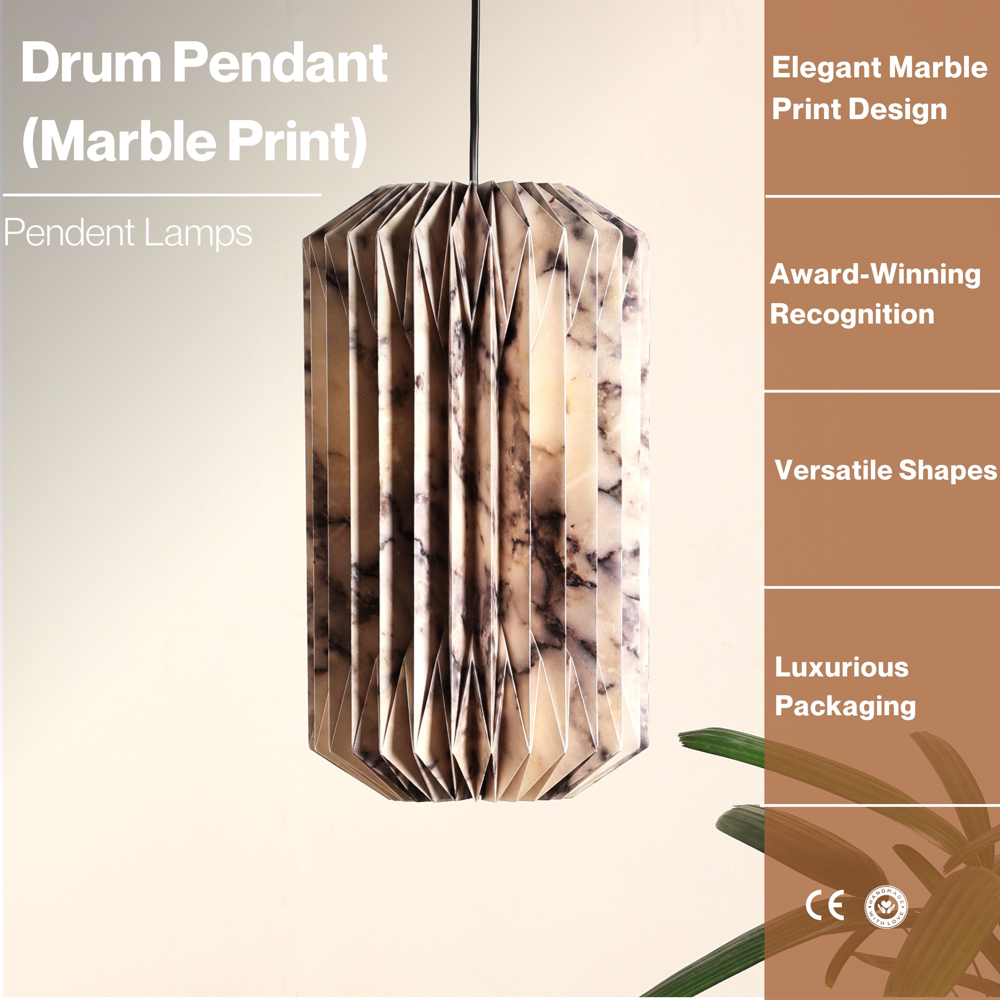 Drum Pendant (Marble Print) - Marble Print, Origami Pendant Lamp
