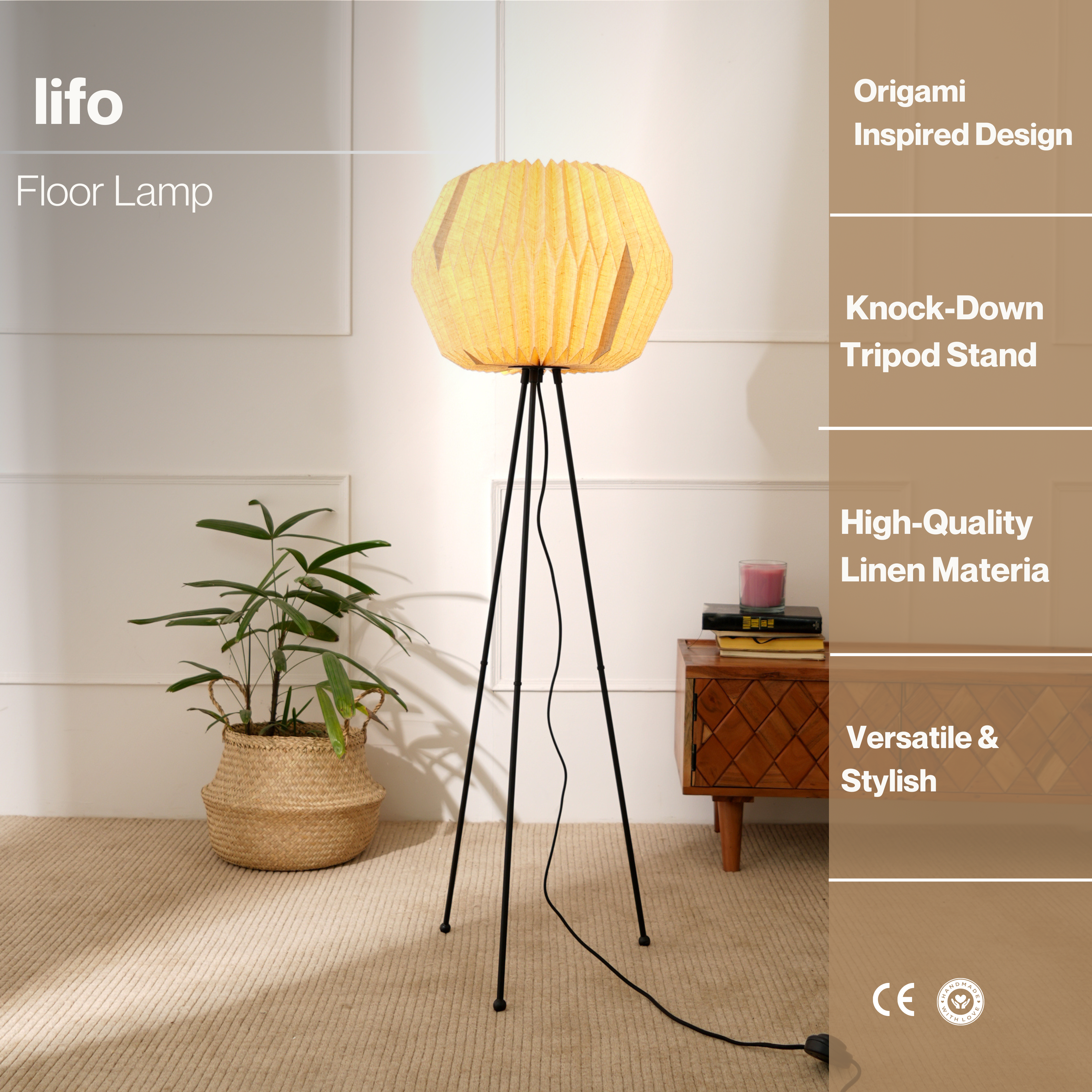 Lifo Floor Lamp - Origami, Linen Floor Lamp, Knock Down Tripod Stand