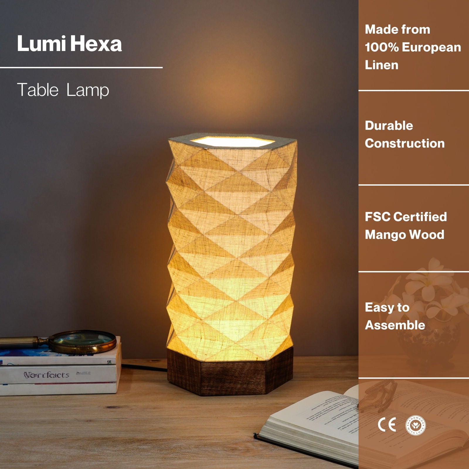 Lumi Hexa Table Lamp - 100% European Linen with Mango Wood - FIG Living -