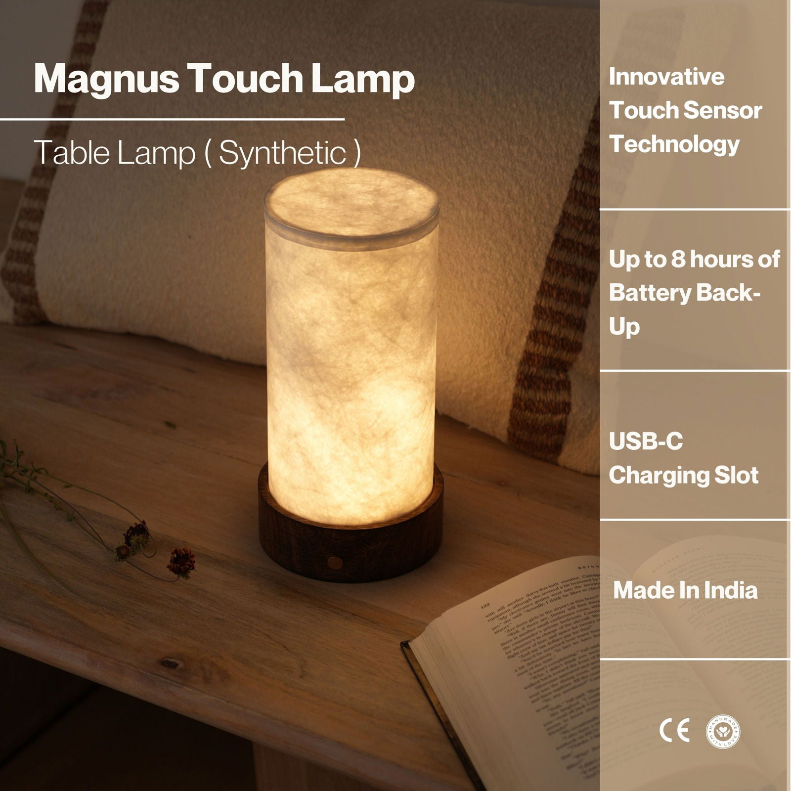 Magnus battery Table Lamp - 2900 mah battery, 8 hours back, Mango Wood Base desk lamp, 400 lumens - FIG Living -