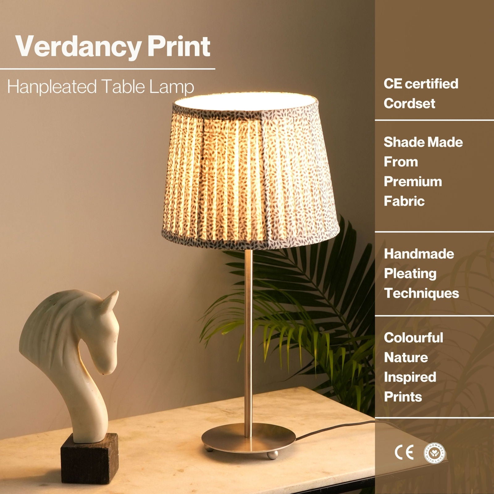 Nordic Night - Vedancy Print Table lamp- Made from Handpleating Cotton Fabric, Indian Block Printing Technique, Premium Nickle Finish desk lamp - FIG Living - Nordic Night - Vedancy Print Table lamp- Made from Handpleating Cotton Fabric, Indian Block Printing Technique, Premium Nickle Finish desk lamp - FIG Living