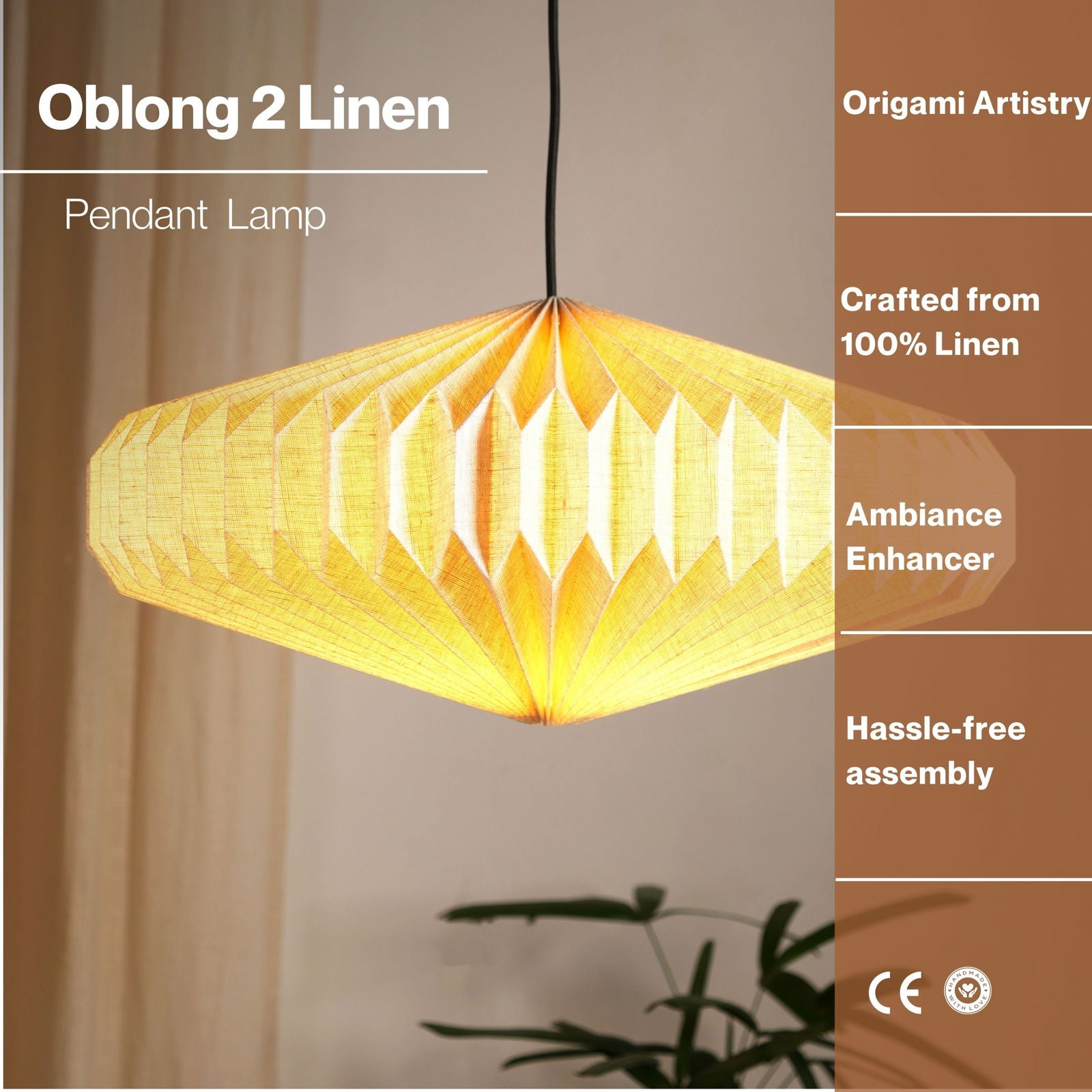 Oblong 2 (Linen) - European Linen, Disc Shaped Pendant, Handpleated Origami - FIG Living -