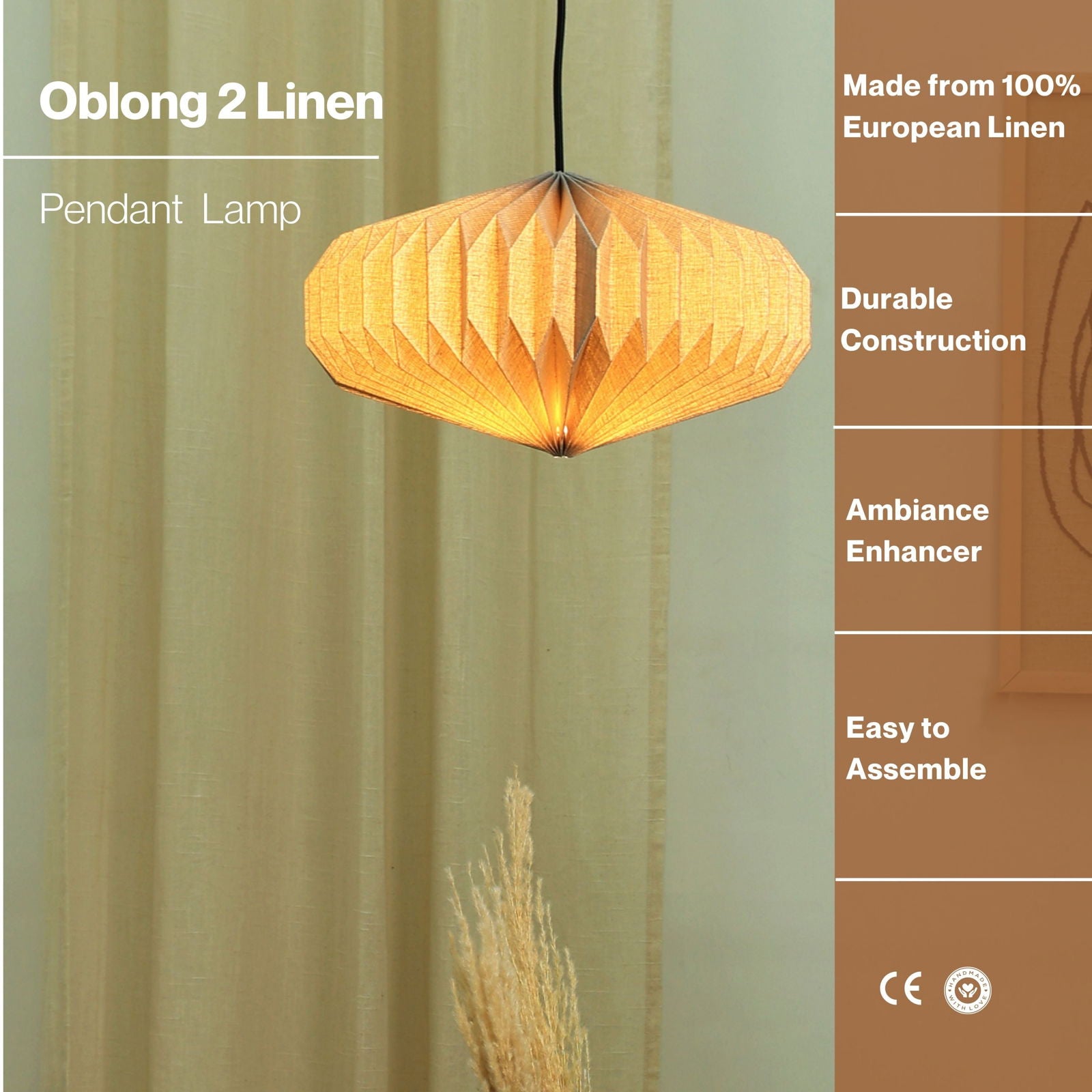 Oblong 2 (Linen) - European Linen, Disc Shaped Pendant, Handpleated Origami - FIG Living -