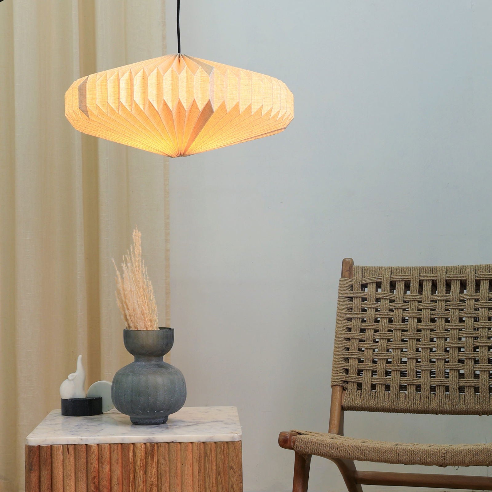 Oblong 2 (Linen) - European Linen, Disc Shaped Pendant, Handpleated Origami - FIG Living - Oblong 2 (Linen) Pendant Lamp - European Linen, Disc Shaped Pendant Light, Handpleated Origami Hanging Light Image