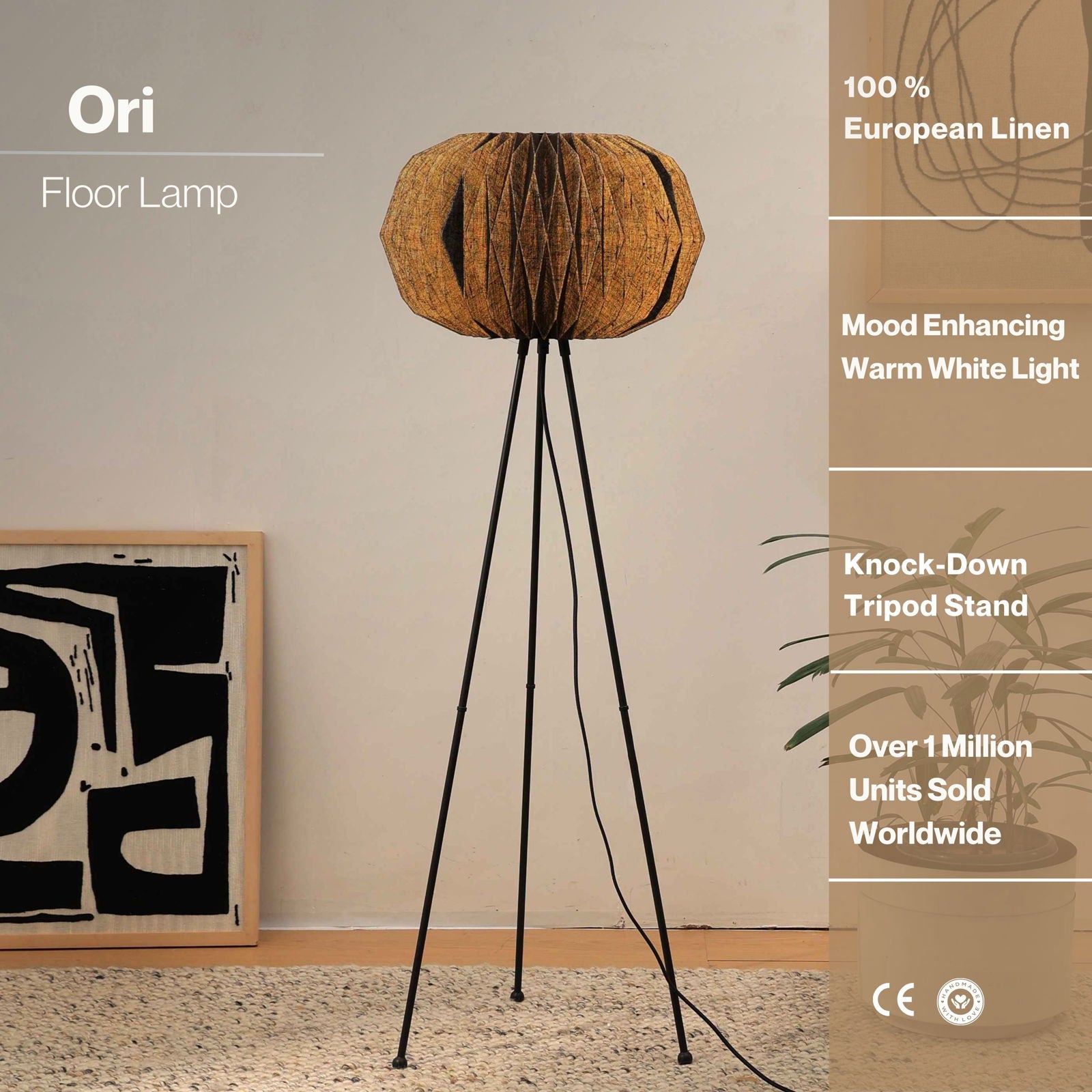 Ori Floor Lamp - Origami, Linen Floor Light, Knock Down Tripod Standing Lamp - FIG Living -