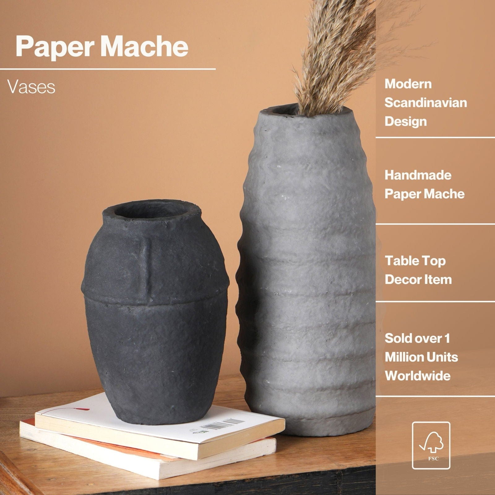 Paper Mache Vase, Black Minimal Shape, flower vases - FIG Living - Paper Mache Vase, Black Minimal Shape, flower vases - FIG Living