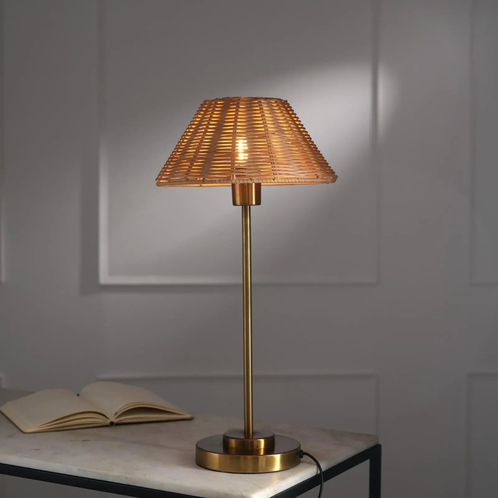 Natural Cane Lamp - Made from Rattan, Handweaving, Antique Finish of Base