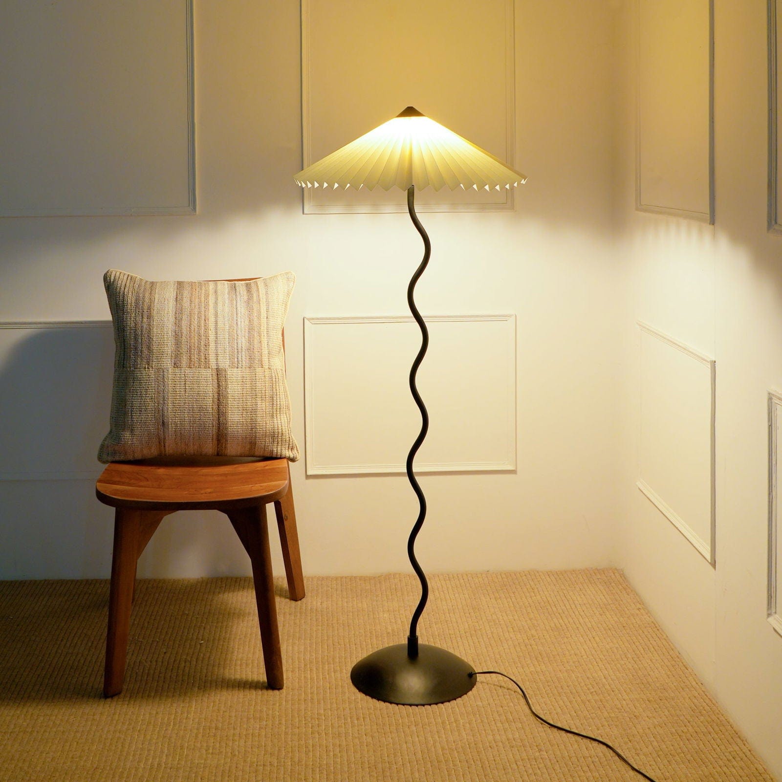 Wavy Floor Lamp - Contemporary Metal Base Floor Light with Handpleated Shade Standing Lamp - FIG Living - Wavy Floor Lamp - Contemporary Metal Base Floor Light with Handpleated Shade Standing Lamp Image
