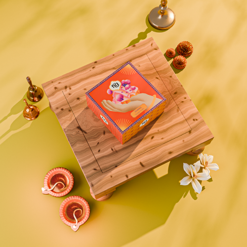 Wooden box with a decorative box on top, surrounded by small decorative items on a yellow background