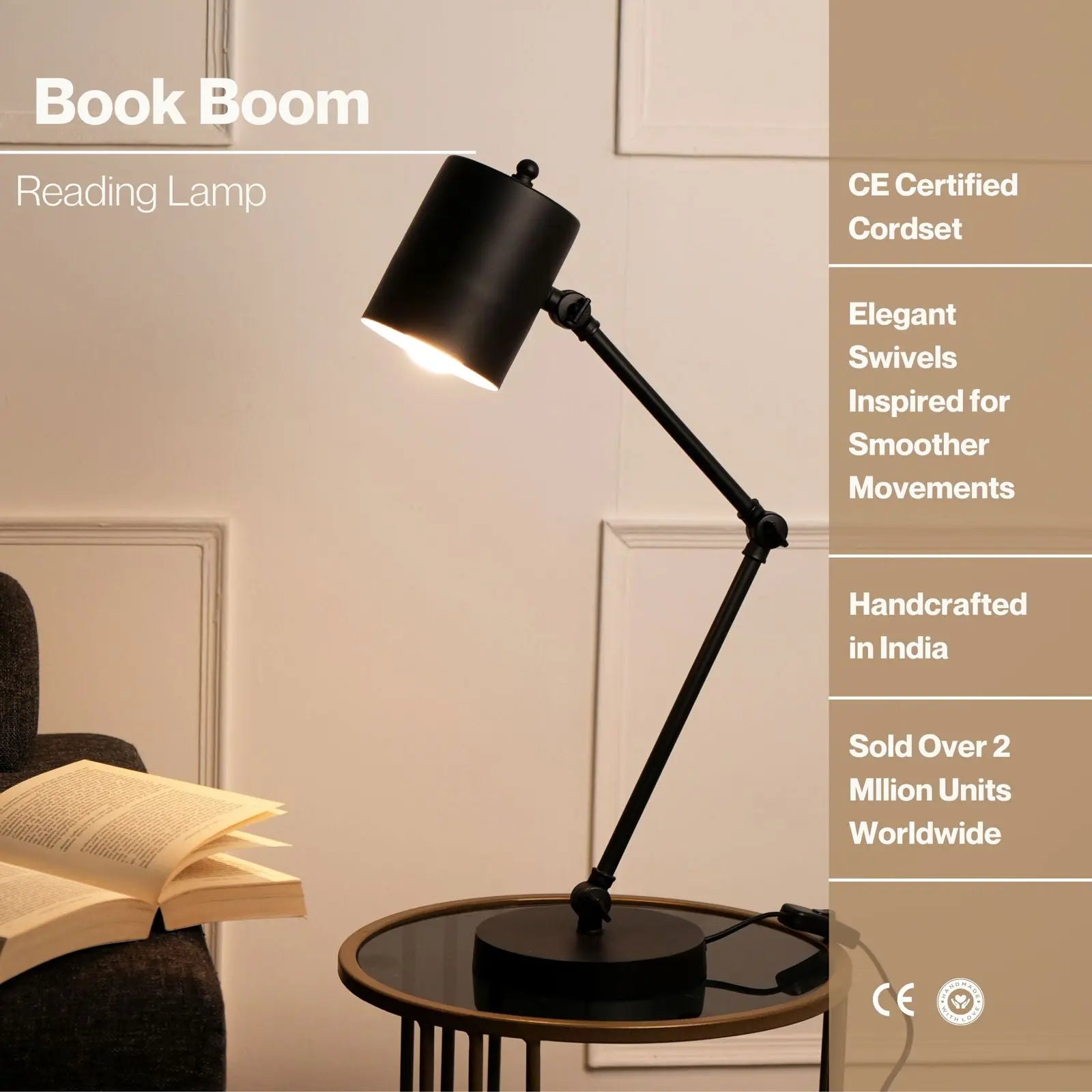 BOOK BOOM STUDY TABLE LAMP - BLACK, MODERN SCANDINAVIAN DESIGN, PREMIUM METALLIC FINISH STUDY DESK LAMP, ELEGANT SWIVELS - FIG Living - BOOK BOOM STUDY TABLE LAMP - BLACK, MODERN SCANDINAVIAN DESIGN, PREMIUM METALLIC FINISH STUDY DESK LAMP, ELEGANT SWIVELS - FIG Living