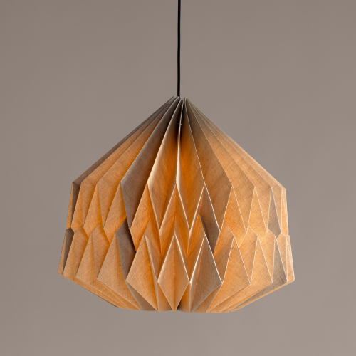 Big pleat linen pendant light with a brown diamond pattern on a gray background