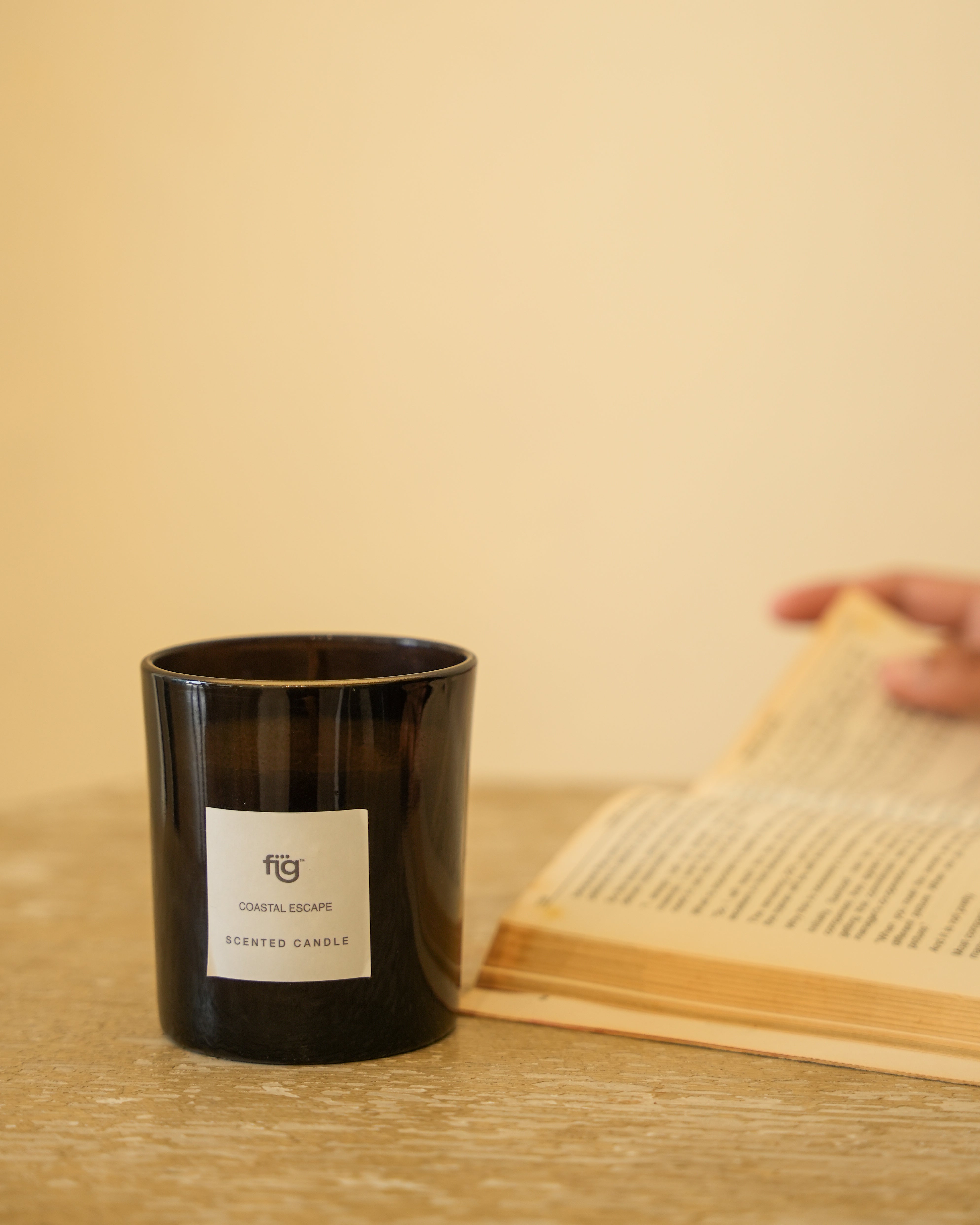 Coastal escape paraffin wax candle with book reading