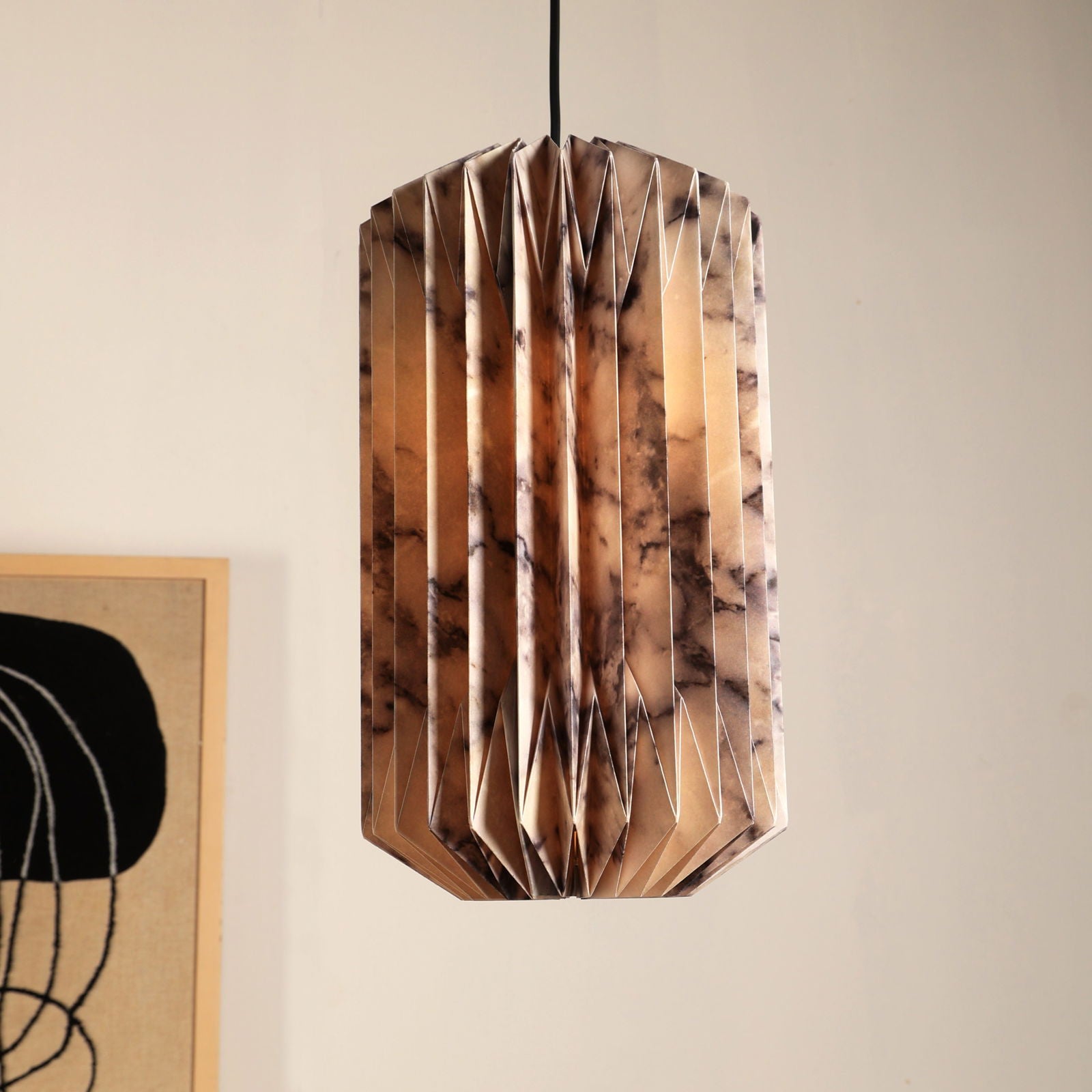 Drum Pendant Lamp (Marble Print) - Marble Printed Origami Pendant Light, Origami Hanging Light - FIG Living - Drum Pendant Lamp (Marble Print) - Marble Printed Origami Pendant Light, Origami Hanging Light - FIG Living