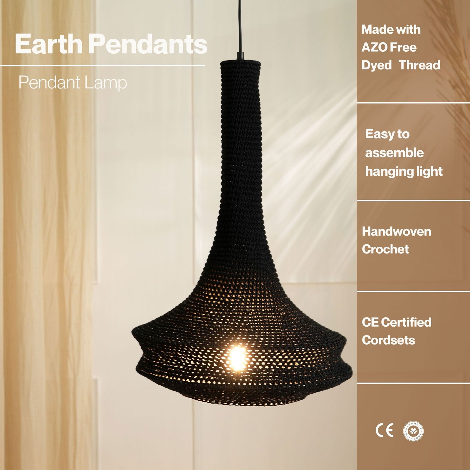Earth Pendant Lamp - Cotton Crochet Pendant Light, Handcrafted Weaves, Sturdy Construction Hanging Light - FIG Living - 