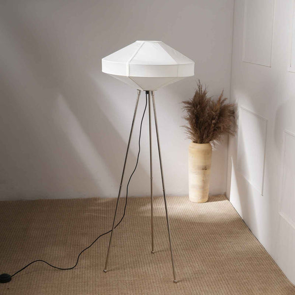 Space Rover - Tripod Floor Lamp, Nickle Base and Elegant Fabric Shade