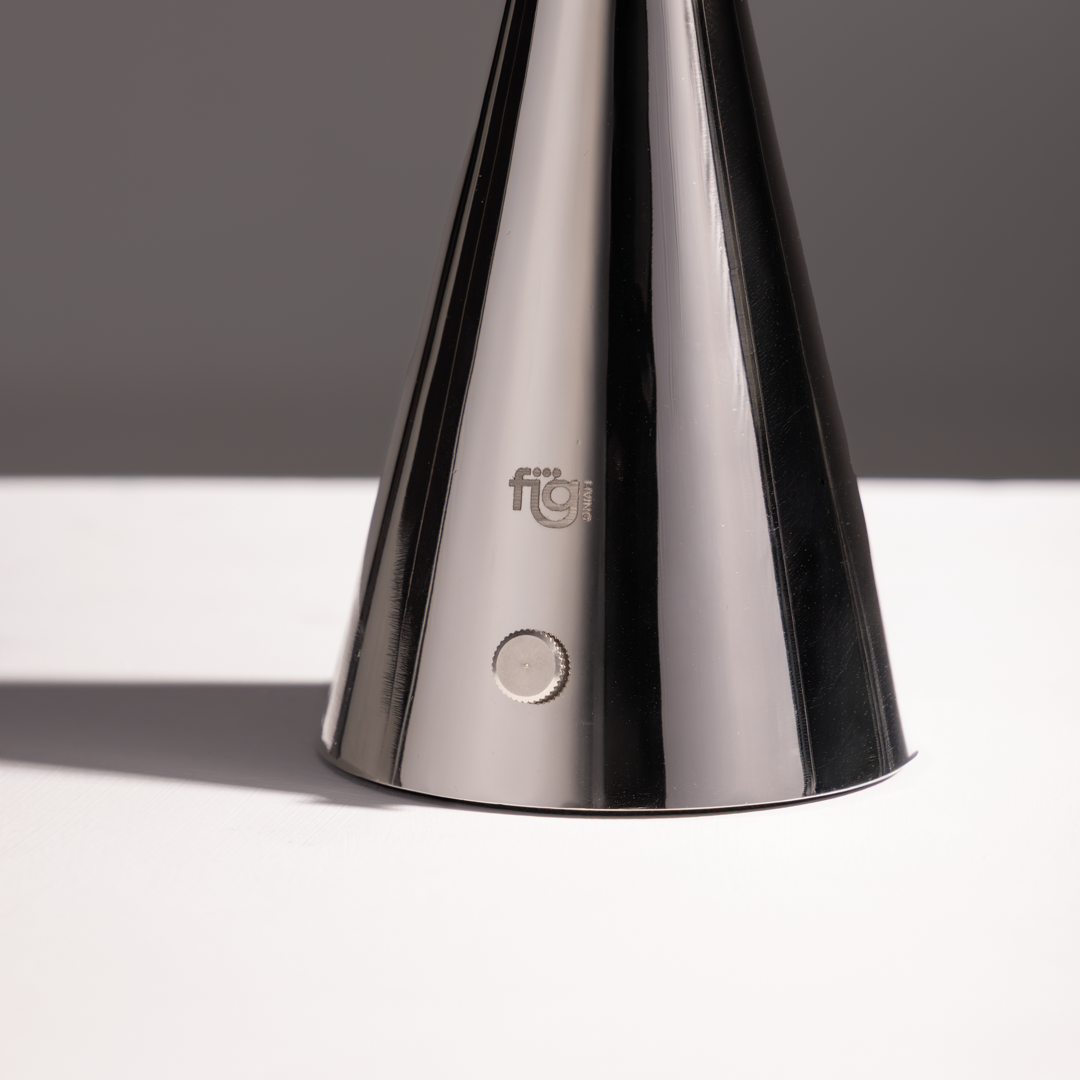 Illustration showcasing cordless stainless steel lamp suitable for bedside, desk, and decorative lighting