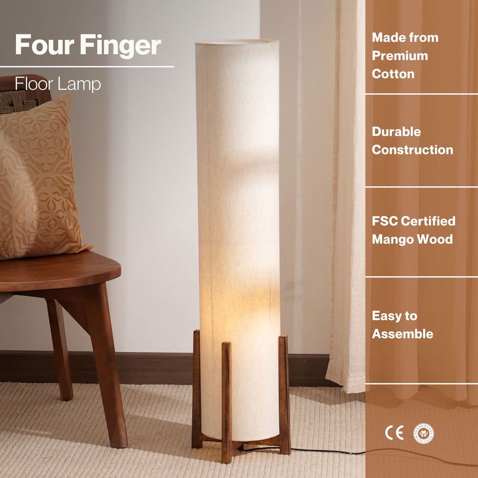 Four Finger - Floor Lamp, Linen and 100% Mango Wood - FIG Living - 
