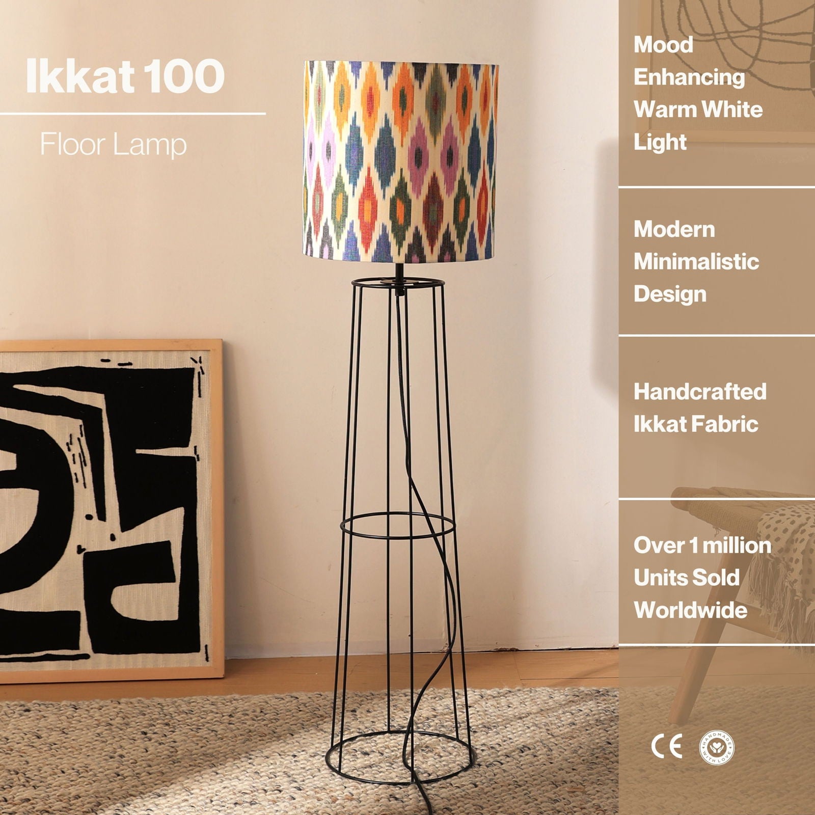 IKKAT 100 Floor Lamp - Ikkat Fabric, Floor Light, Indian Tripod Lamp and Scandinavia fusion, modern lighting, trending Standing Lamp - FIG Living - 