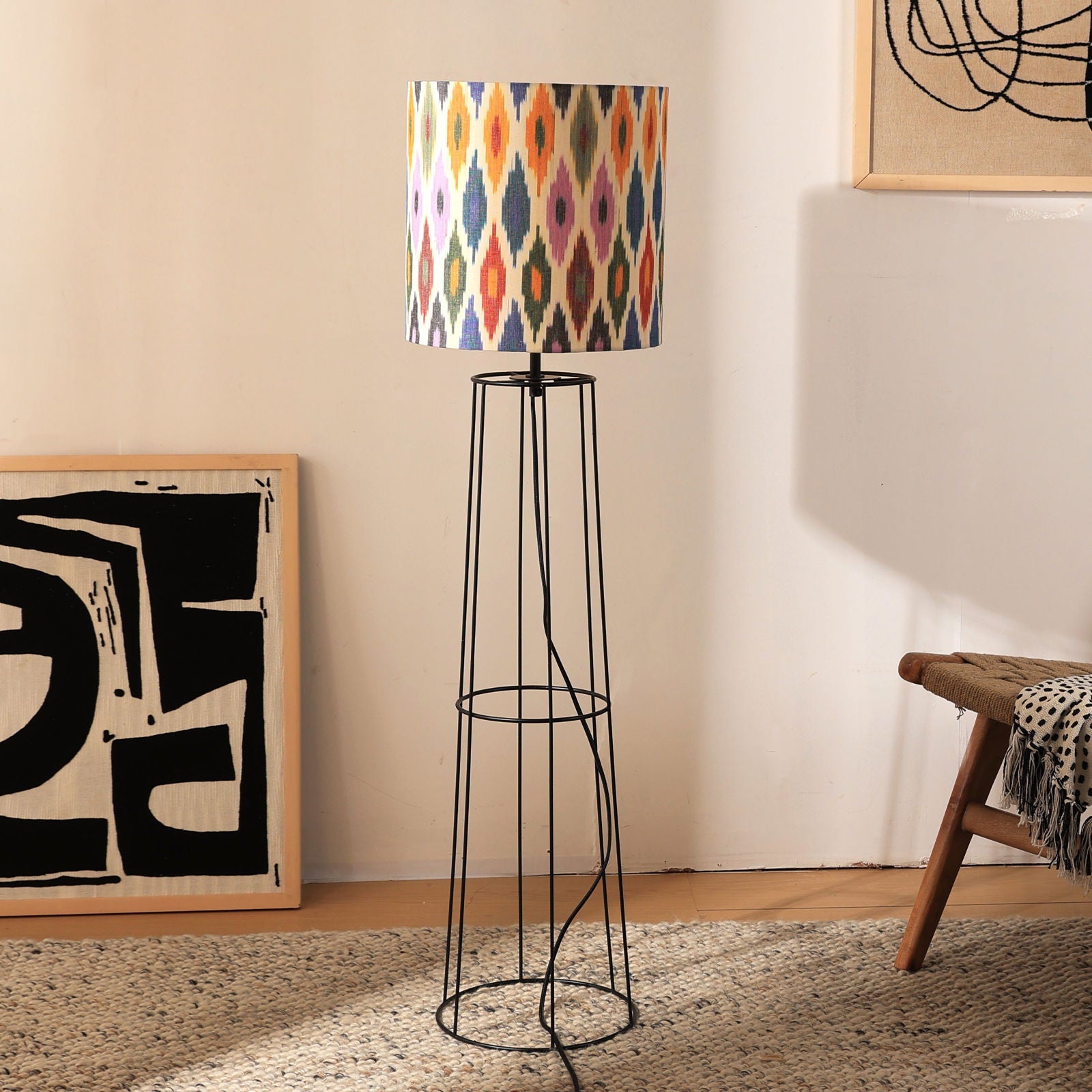 IKKAT 100 Floor Lamp - Ikkat Fabric, Floor Light, Indian Tripod Lamp and Scandinavia fusion, modern lighting, trending Standing Lamp - FIG Living - IKKAT 100 Floor Lamp - Ikkat Fabric, Floor Light, Indian Tripod Lamp and Scandinavia fusion, modern lighting, trending Standing Lamp Image