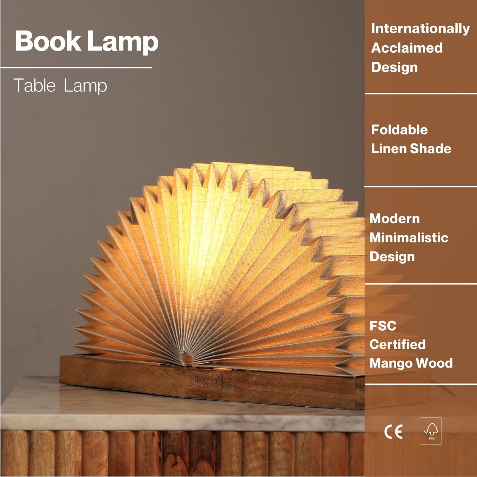 LINEN BOOK TABLE LAMP - FOLDABLE LINEN DESK LAMP, MANGO WOOD BASE BEDSIDE, DESIGNED FOR MODERN SPACES - FIG Living - 
