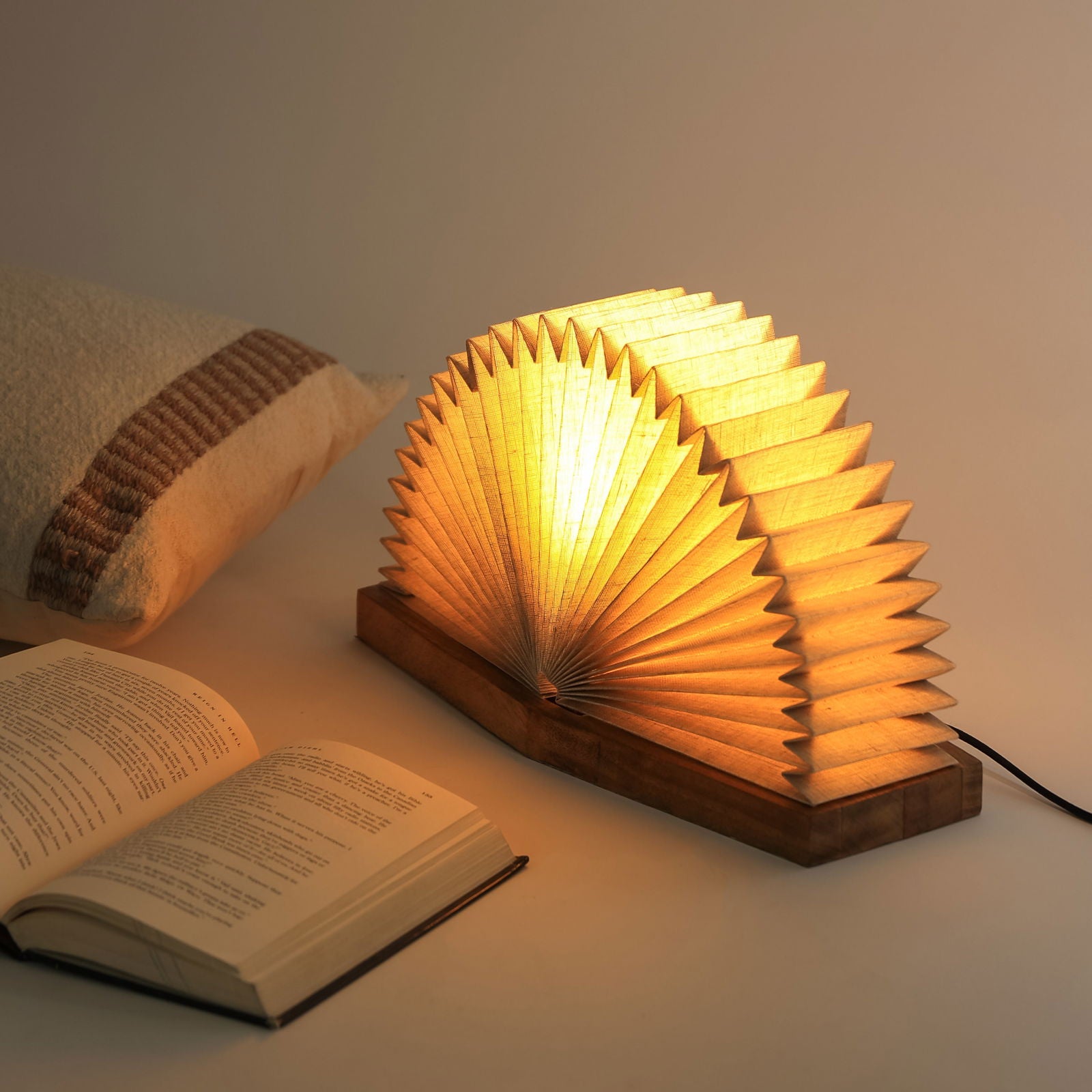 LINEN BOOK TABLE LAMP - FOLDABLE LINEN DESK LAMP, MANGO WOOD BASE BEDSIDE, DESIGNED FOR MODERN SPACES - FIG Living - unique table lightings for home decor