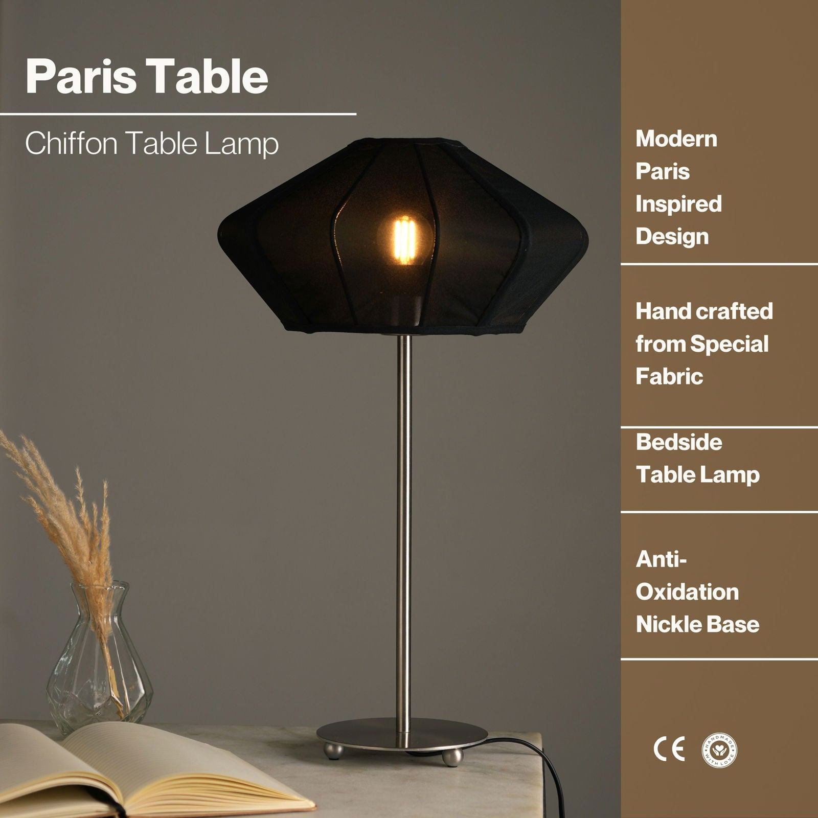 LUXE COLLECTION - PARIS TABLE LAMP (BLACK) - PREMIUM CHIFFON FABRIC DESK LAMP, METALLIC SPACER, SOFT WARM GLOW, MOOD ENHANCEMENT LIGHTING - FIG Living - LUXE COLLECTION - PARIS TABLE LAMP (BLACK) - PREMIUM CHIFFON FABRIC DESK LAMP, METALLIC SPACER, SOFT WARM GLOW, MOOD ENHANCEMENT LIGHTING - FIG Living