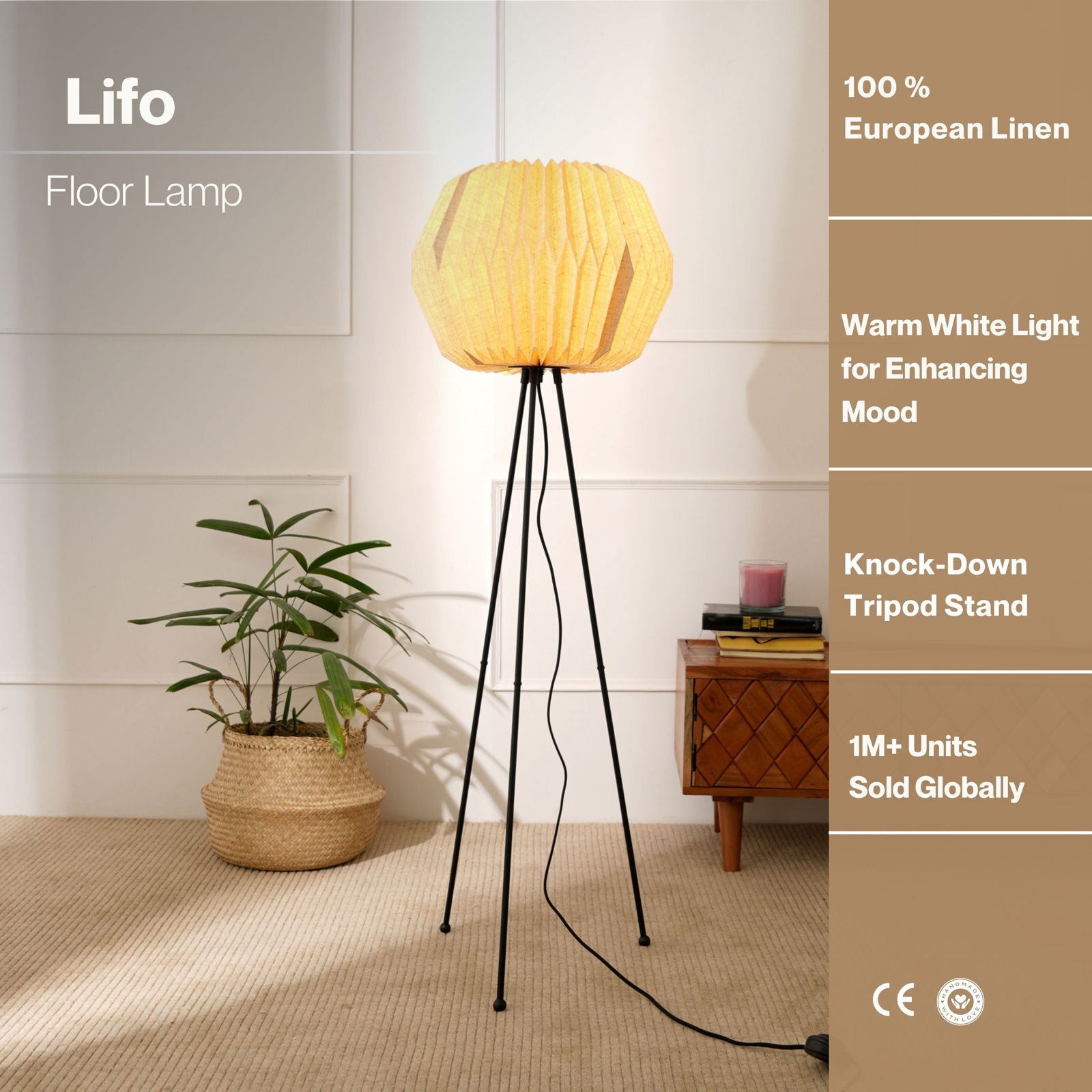 Lifo Floor Lamp - Origami, Linen Floor Light, Knock Down Tripod standing Lamp - FIG Living - 