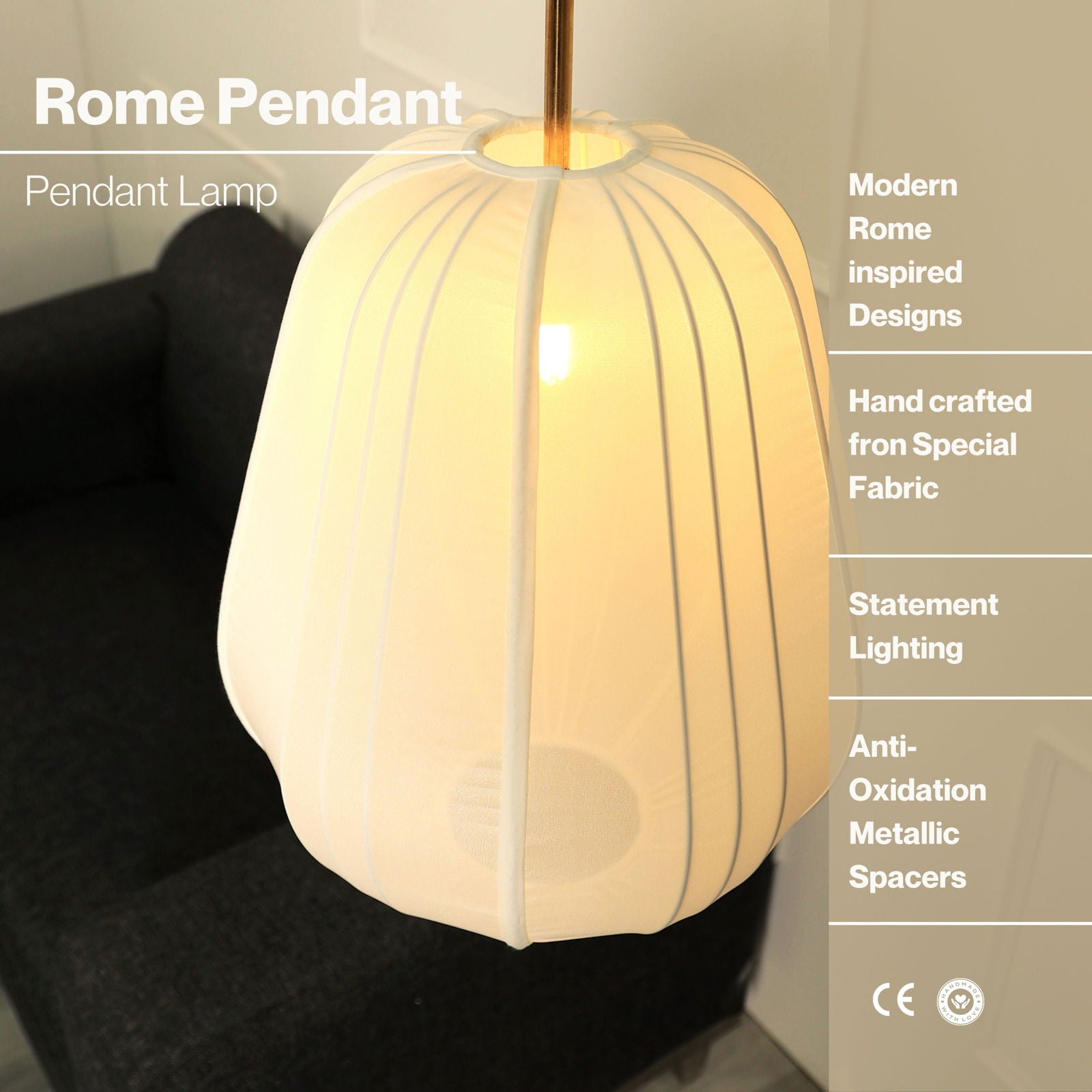 Luxe Collection Pendant Lamp - Rome Lamp - Premium Chiffon Fabric Pendant Light, Metallic Spacer, Soft Warm Glow, Mood Enhancement Hanging Light - FIG Living - Luxe Collection Pendant Lamp - Rome Lamp - Premium Chiffon Fabric Pendant Light, Metallic Spacer, Soft Warm Glow, Mood Enhancement Hanging Light - FIG Living