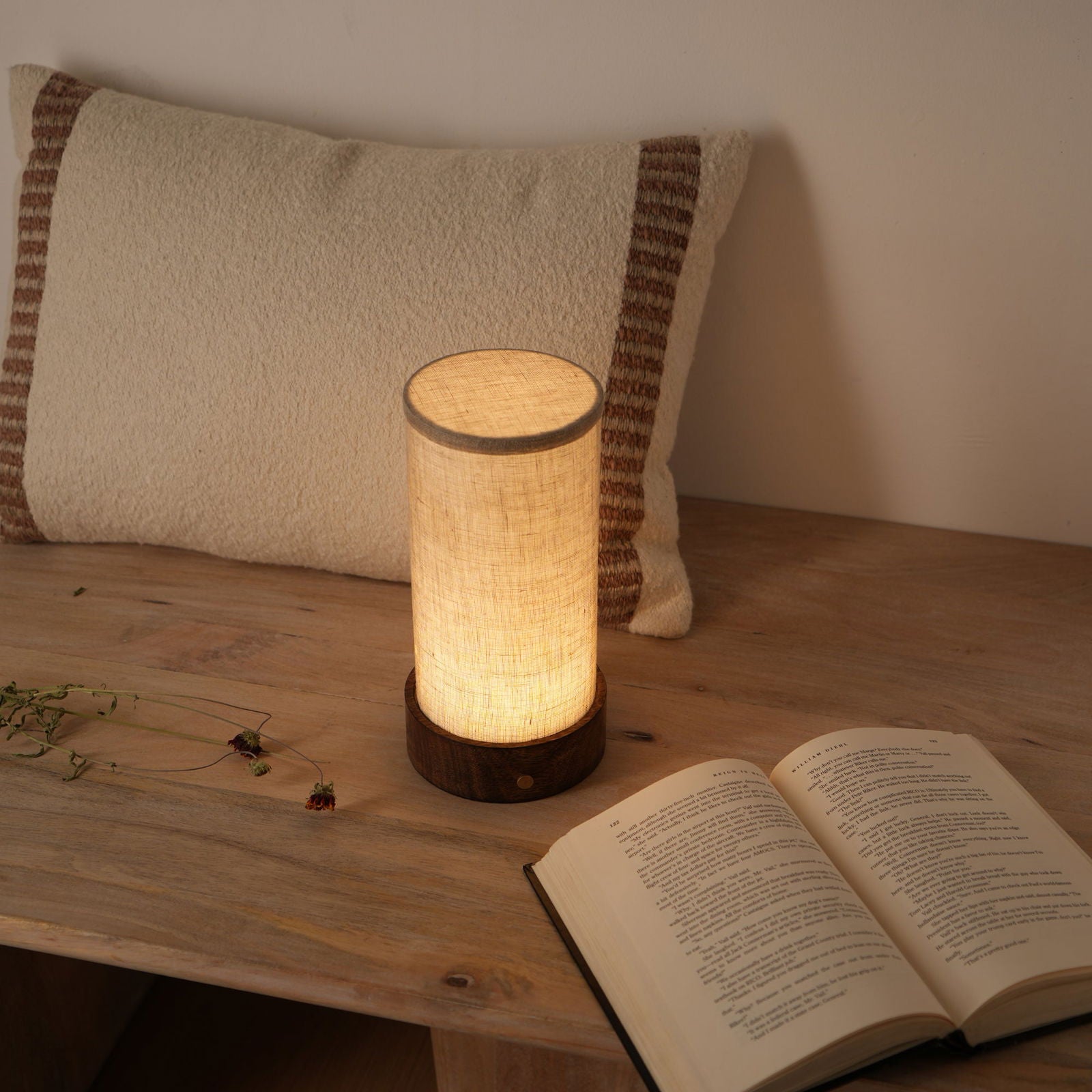 Magnus battery Table Lamp - 2900 mah battery, 8 hours back, Mango Wood Base desk lamp, 400 lumens - FIG Living - 