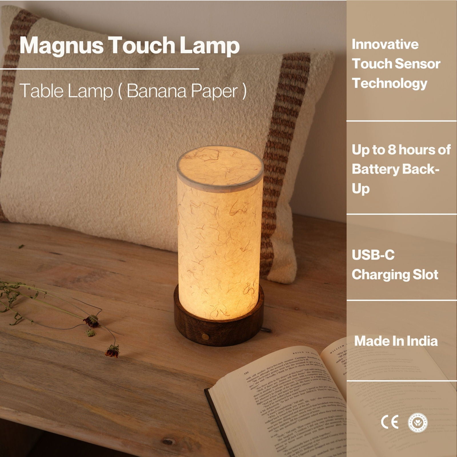 Magnus battery Table Lamp - 2900 mah battery, 8 hours back, Mango Wood Base desk lamp, 400 lumens - FIG Living - 