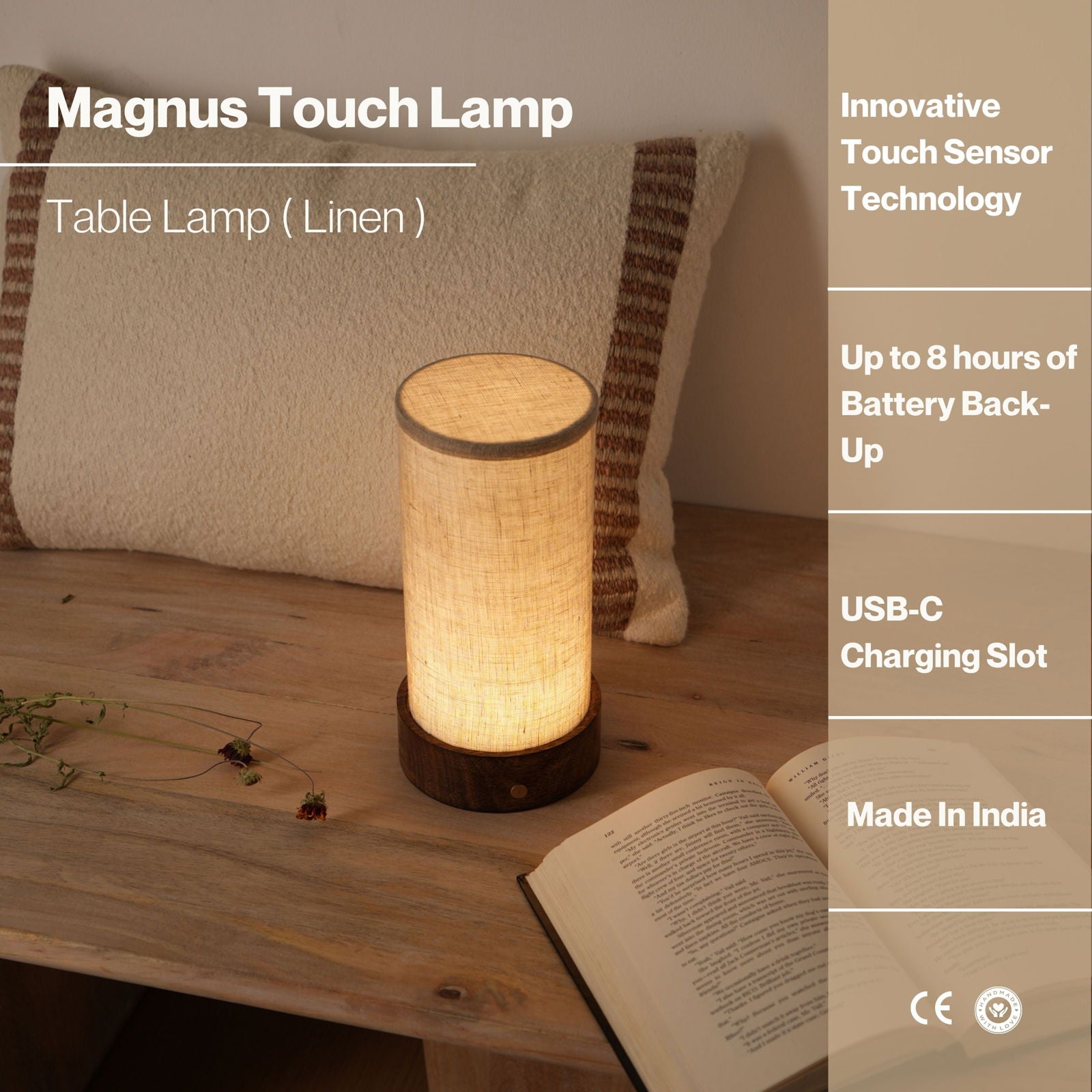 Magnus battery Table Lamp - 2900 mah battery, 8 hours back, Mango Wood Base desk lamp, 400 lumens - FIG Living - 