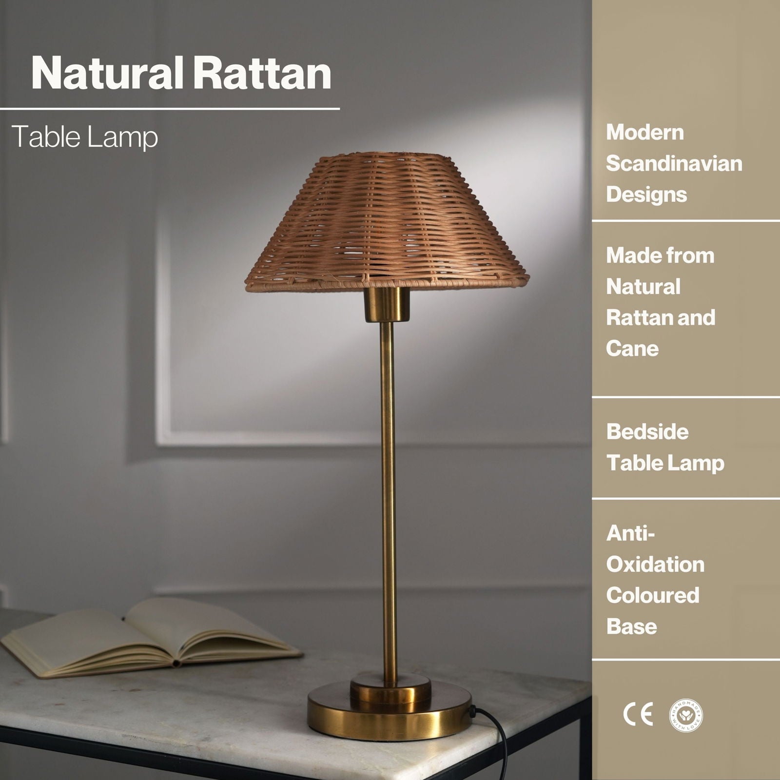 Natural Cane Table Lamp - Desk Lamp Made from Rattan, Handweaving Bedside Lamp, Antique Finish of Base - FIG Living - Natural Cane Table Lamp - Desk Lamp Made from Rattan, Handweaving Bedside Lamp, Antique Finish of Base - FIG Living