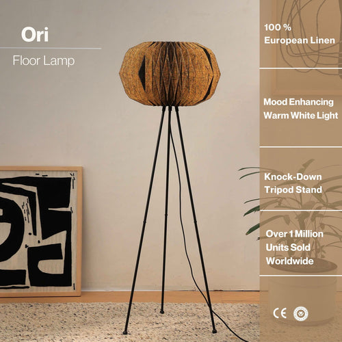 Ori Floor Lamp - Origami, Linen Floor Light, Knock Down Tripod Standing Lamp - FIG Living - 