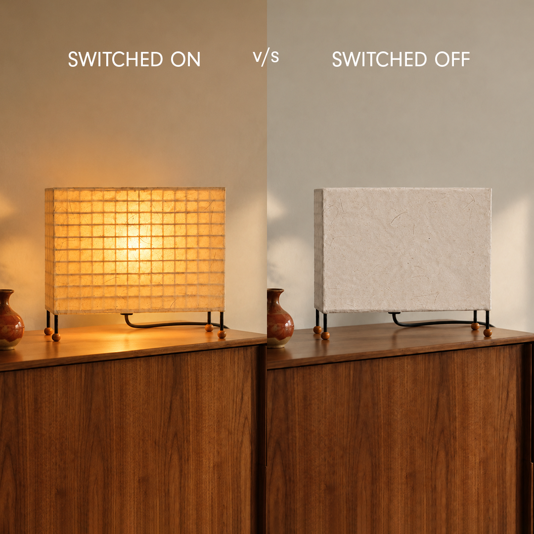 A split comparison showing a rectangular table lamp on a wooden cabinet, labeled 'SWITCHED ON' on the left and 'SWITCHED OFF' on the right. The left side shows the lamp illuminated with a warm yellow glow, while the right side shows it unlit with a neutral off-white shade.


