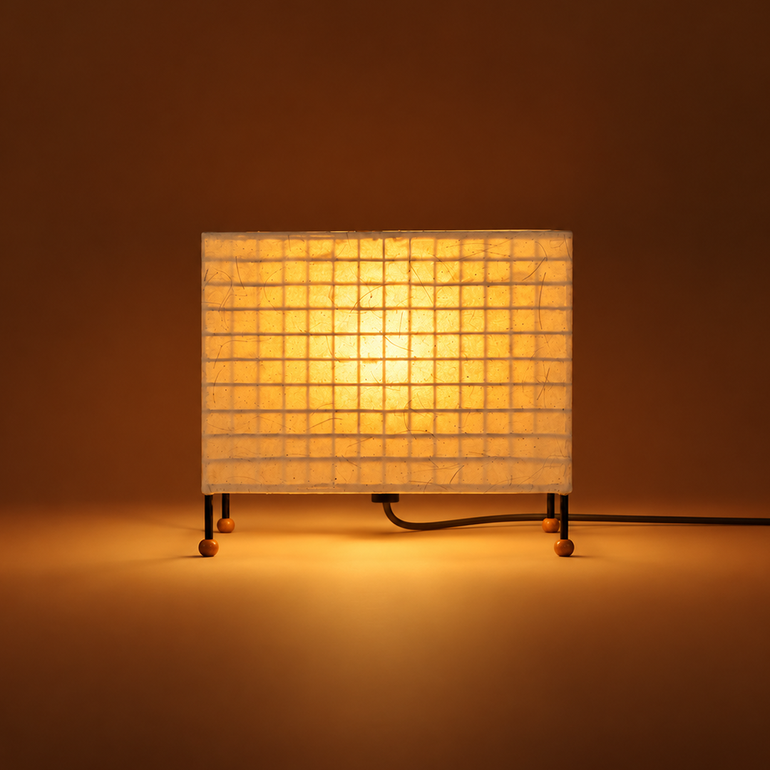 A rectangular table lamp with a glowing warm grid-patterned shade and slim black legs, photographed against a warm brown studio background.