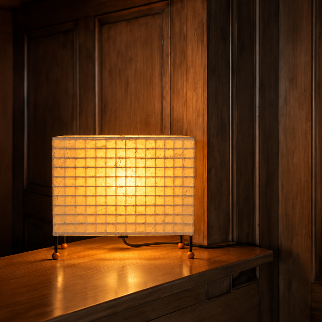 A rectangular table lamp with a glowing warm yellow grid-patterned shade and small dark metal legs, placed on a wooden table against a dark wood-paneled wall.


