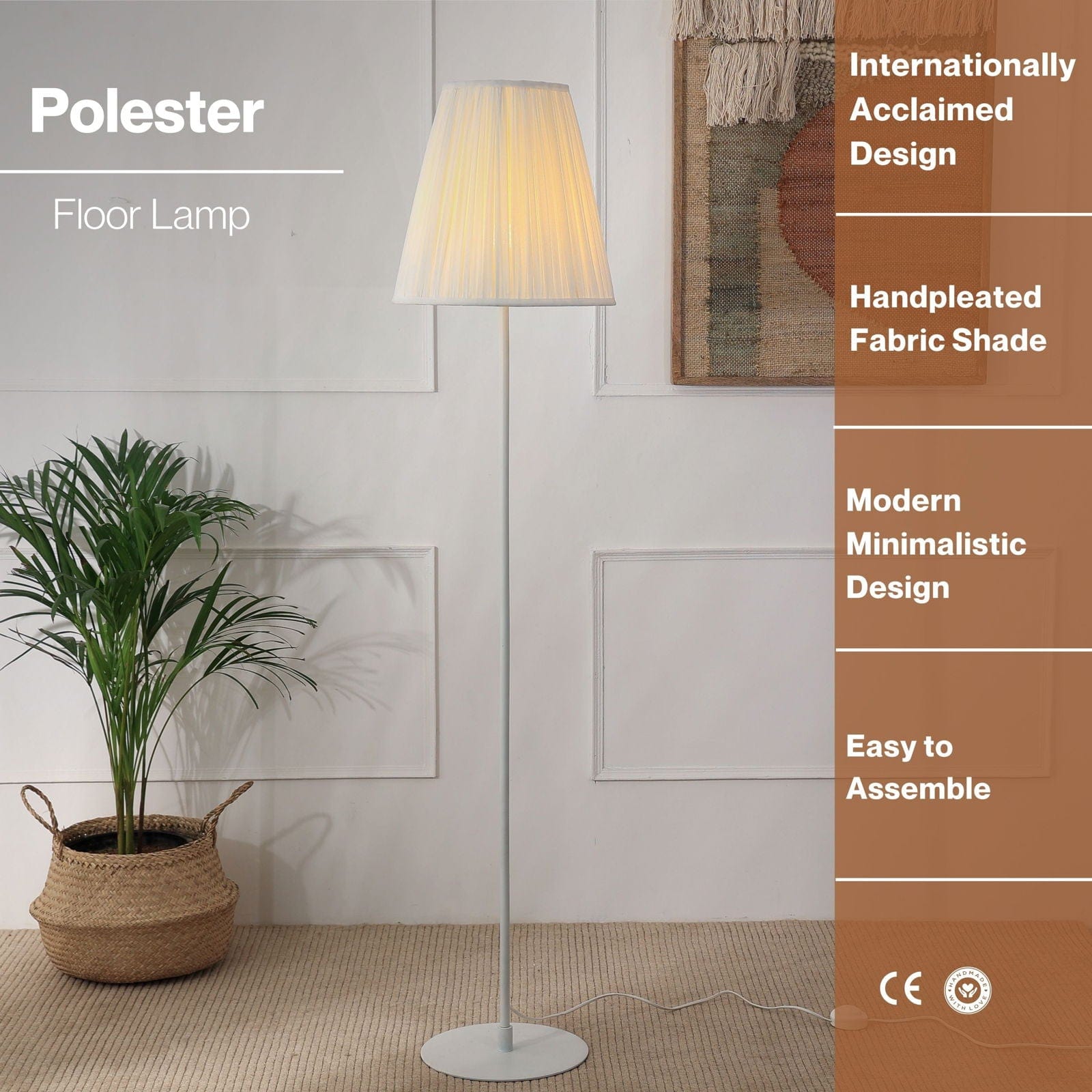 Polester Floor Lamp - White Pleated Shade Floor Light, White Stick Tripod Standing Lamp, Easy to Assemble - FIG Living - 